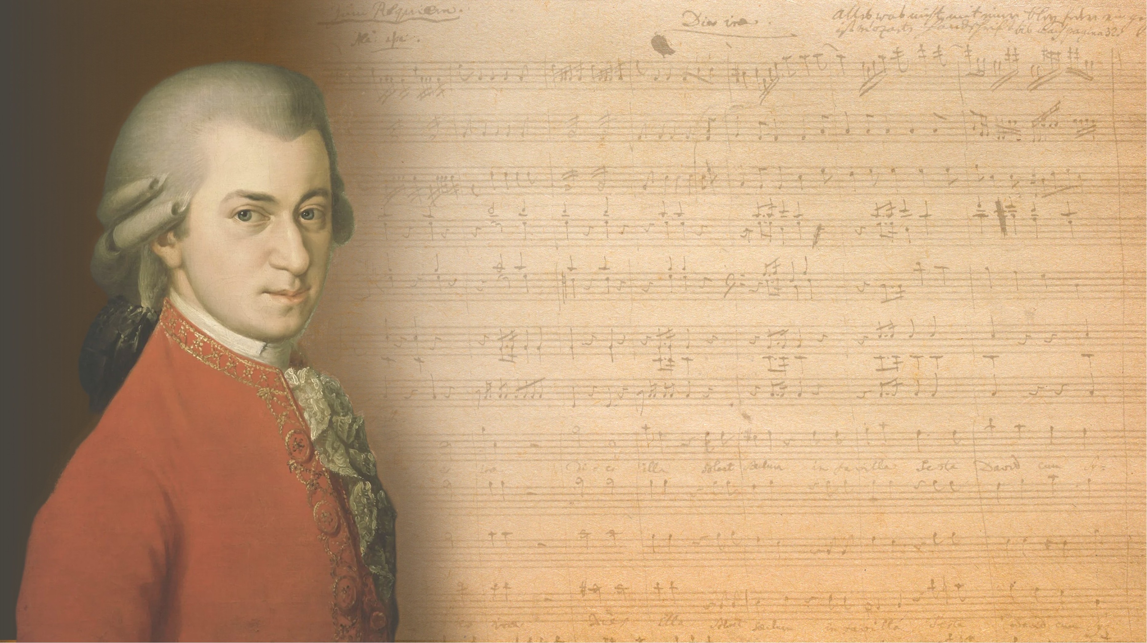 Porträttbild av Mozart med notblad i bakgrunden.