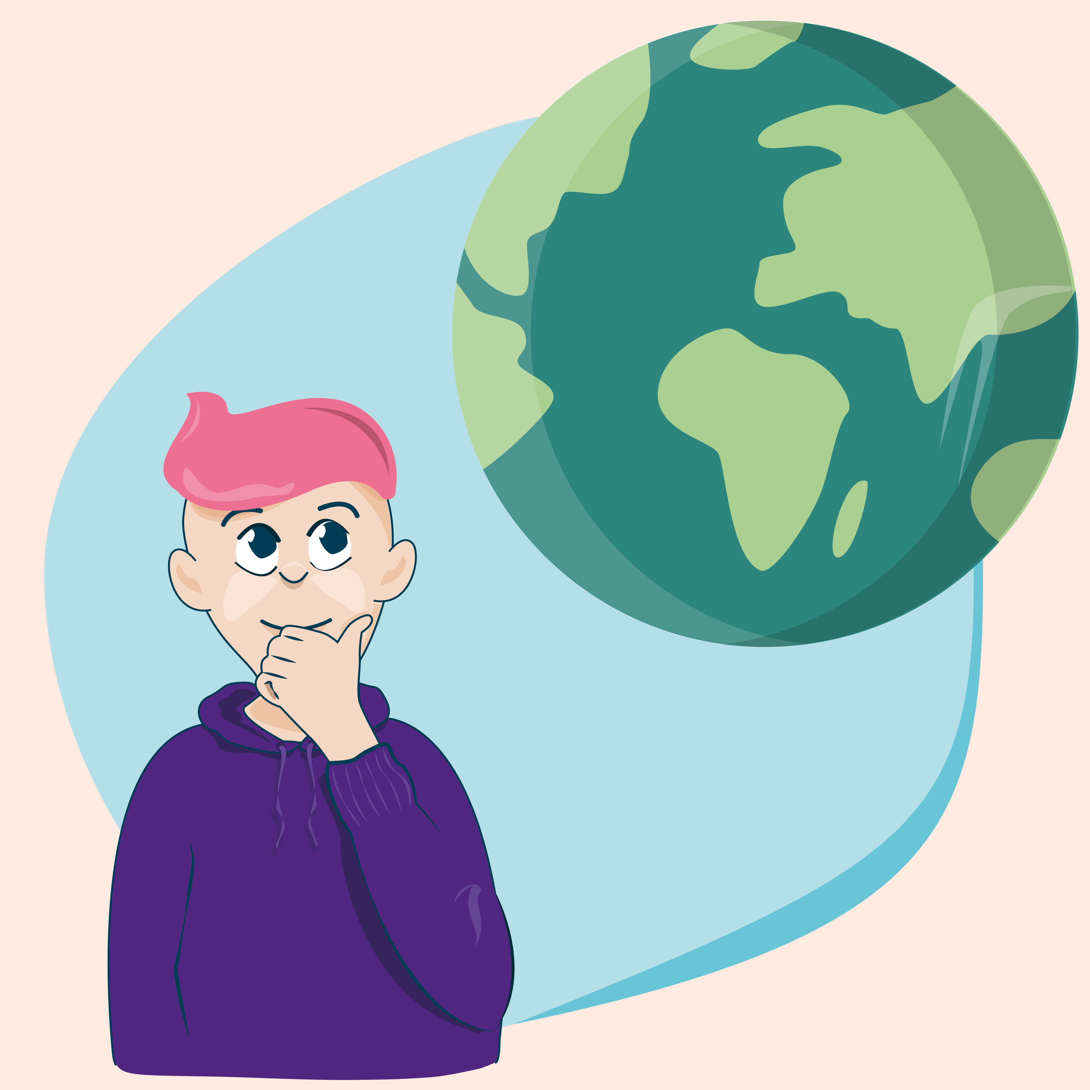 En illustration där en ung person funderar. En jordglob snurrar runt hens huvud.