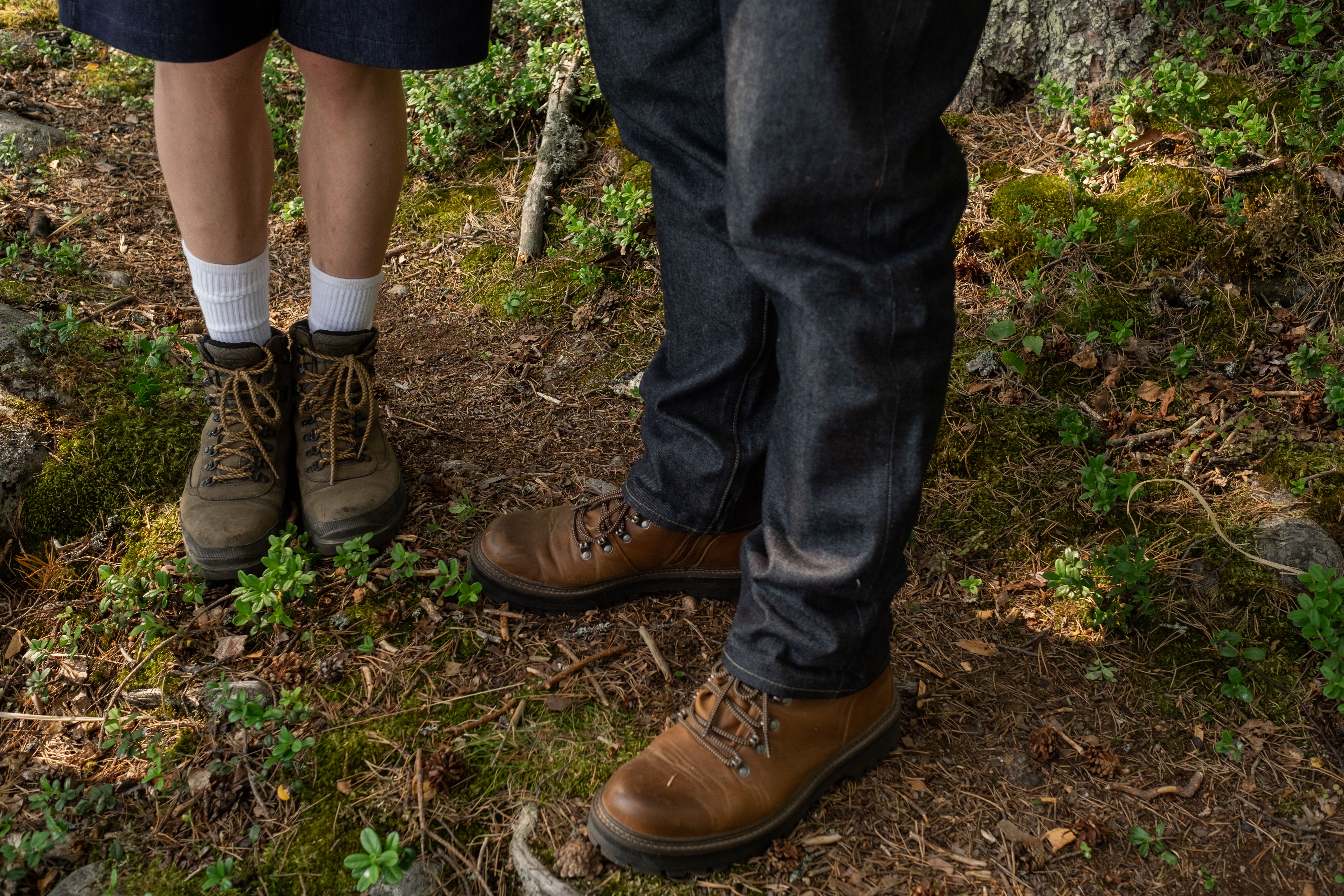 Benen till två personen, på vandring i en skog.