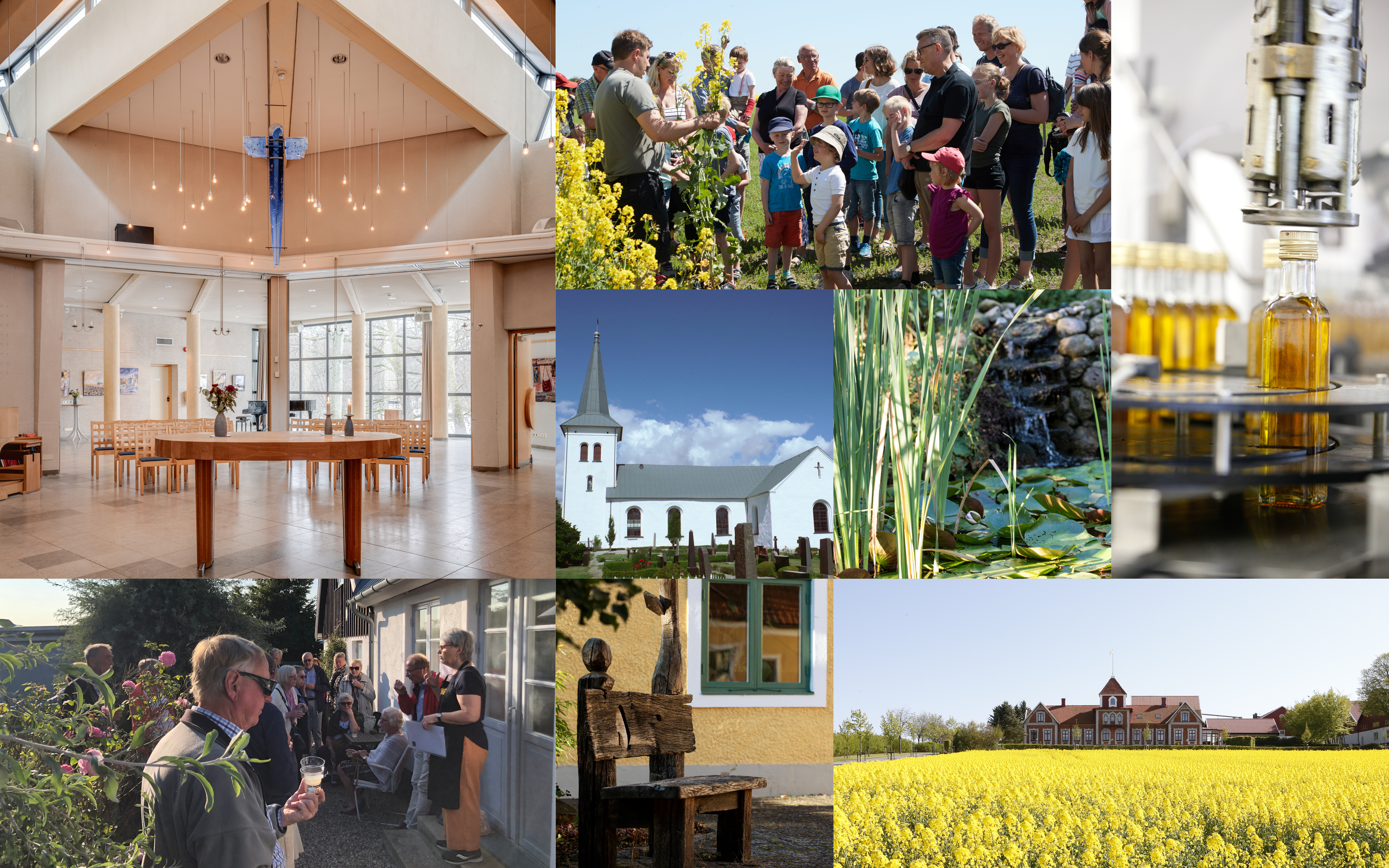 Montage av bilder med kyrkorum med hängande blått kors, grupp av människor som tittar på raps, kyrka mot blå himmel, porlande vatten, människor som provsmakar mat, träbänk i solen och gult rapsfält med roströd herrgård i bakgrunden.