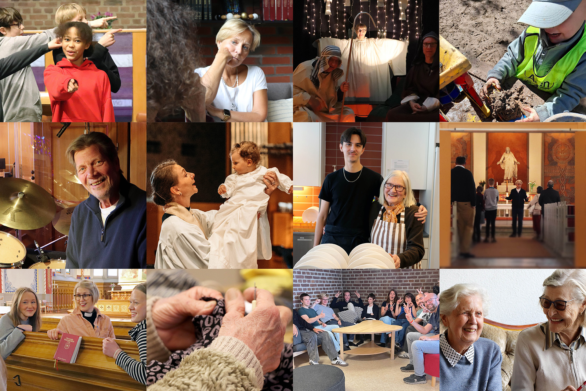 Kollage av bilder på människor i kyrkan.