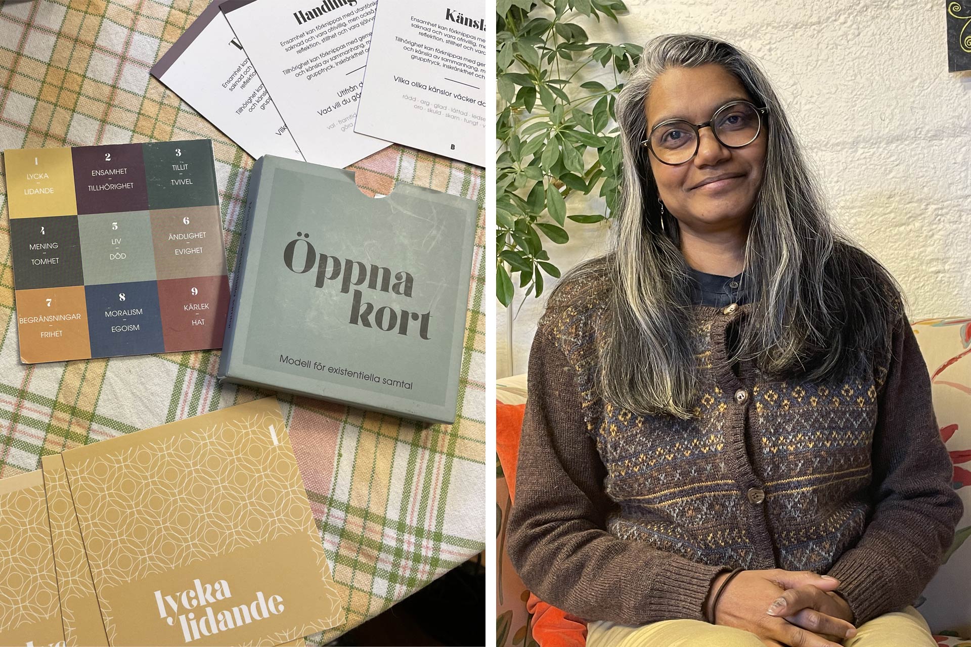 En kvinna och kort i olika färger på ett bord.