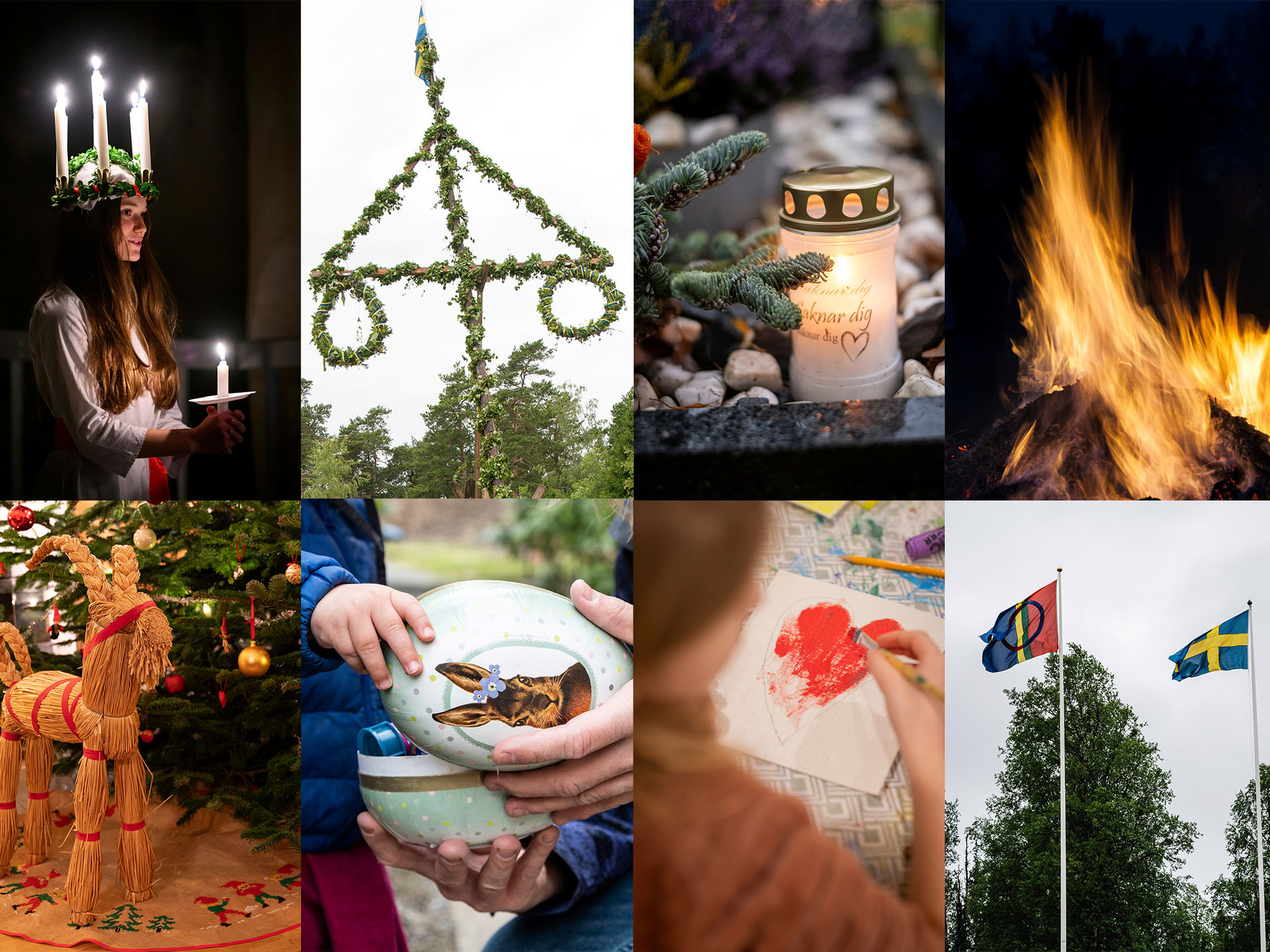 Ett kollage av bilder som illustrerar olika högtider: En lucia, en julbock,ett gravljus, ett hjärta, en valborgseld, ett påskägg, en midsommarstång, en svensk och en samisk flagga  