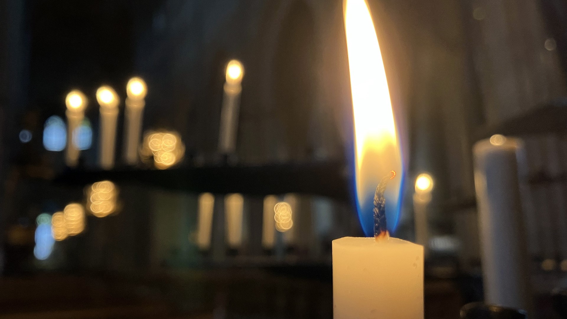 Ett tänt levande ljus i närbild lyser klart i domkyrkans ljusbärare, omgivet av en mängd andra ljus i bakgrunden.