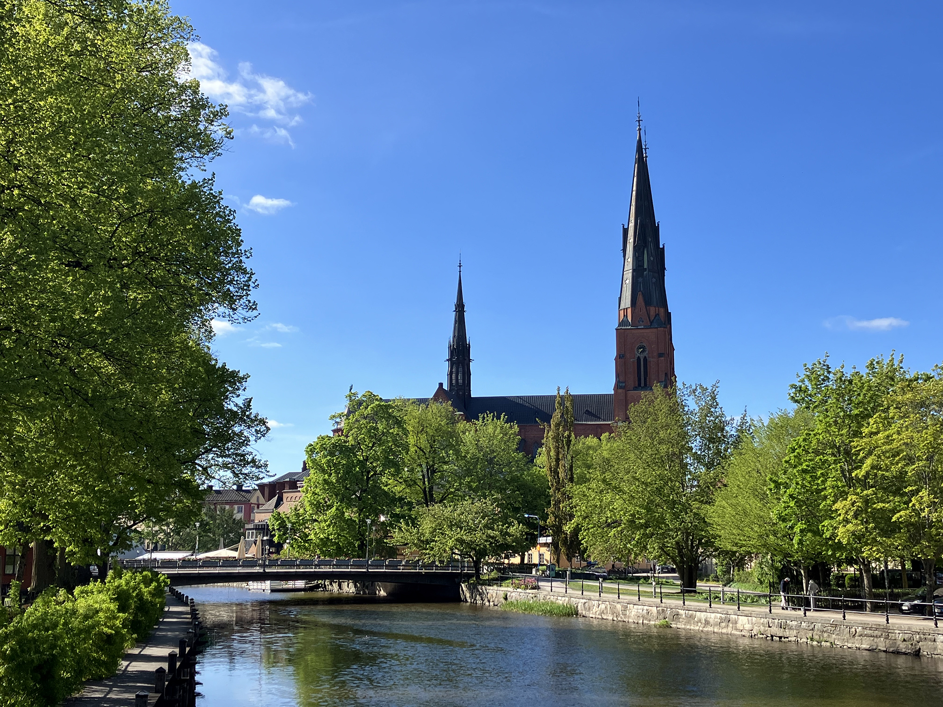 Uppsala domkyrka sedd från Järnbron över Fyrisån i nordlig riktning mot blå himmel och nyutslagna omgivande träd.