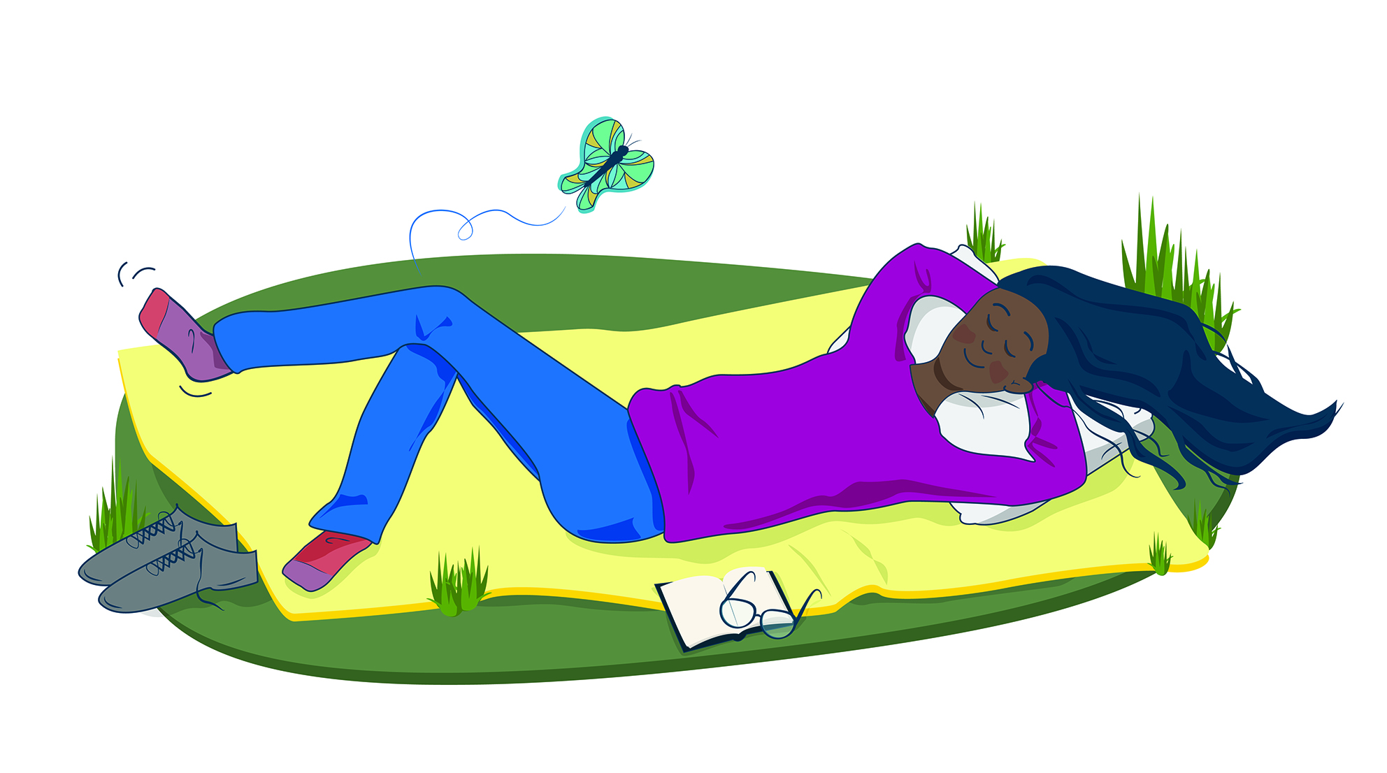 En tecknad person ligger och blundar på en filt i gräset. Bredvid ligger en bok och ett par glasögon.