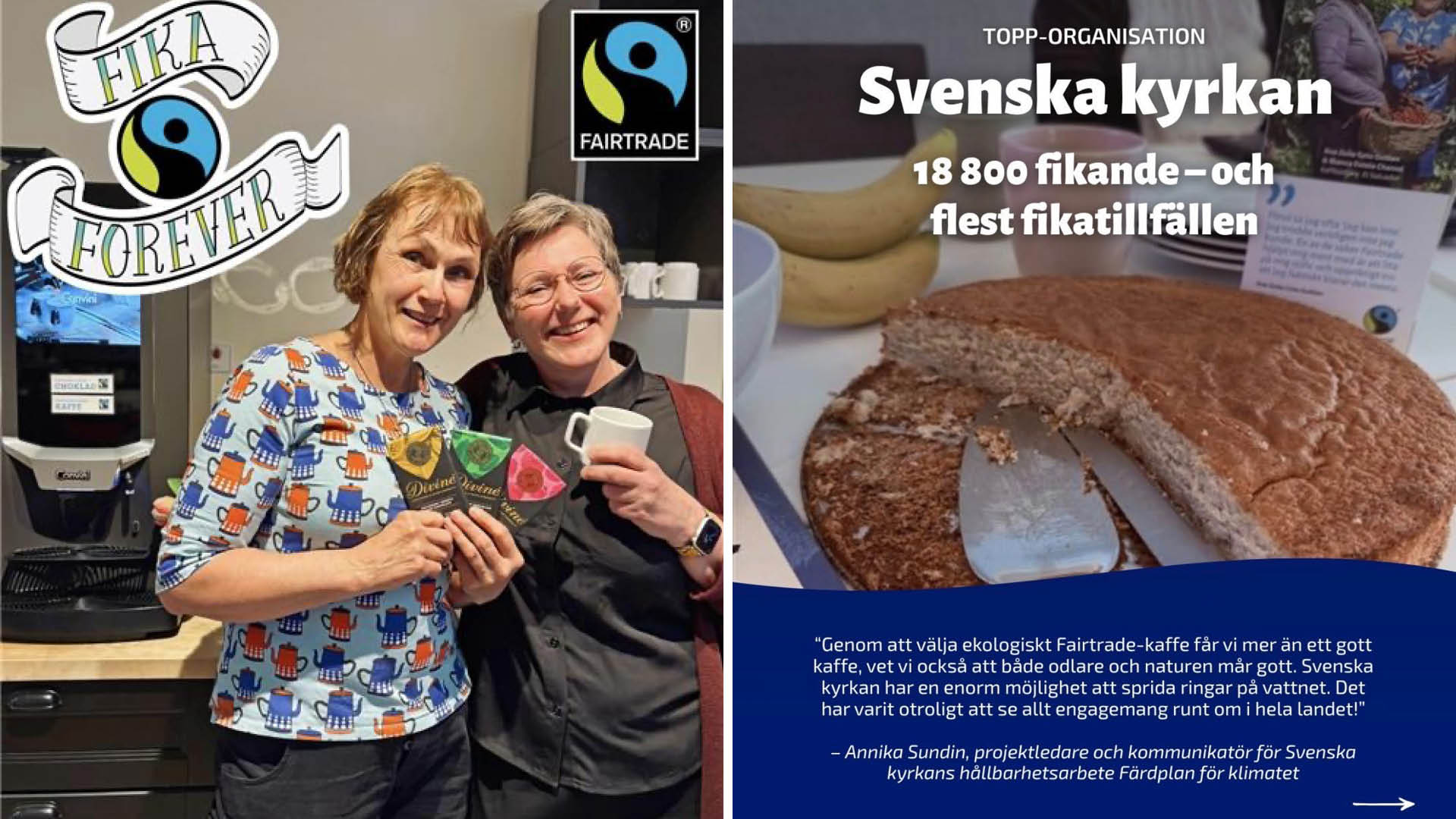 Två kvinnor står leende och lutar sig mot varandra. Den ena håller i en kaffemugg, och den andra ett knippe Fairtrade-choklad.