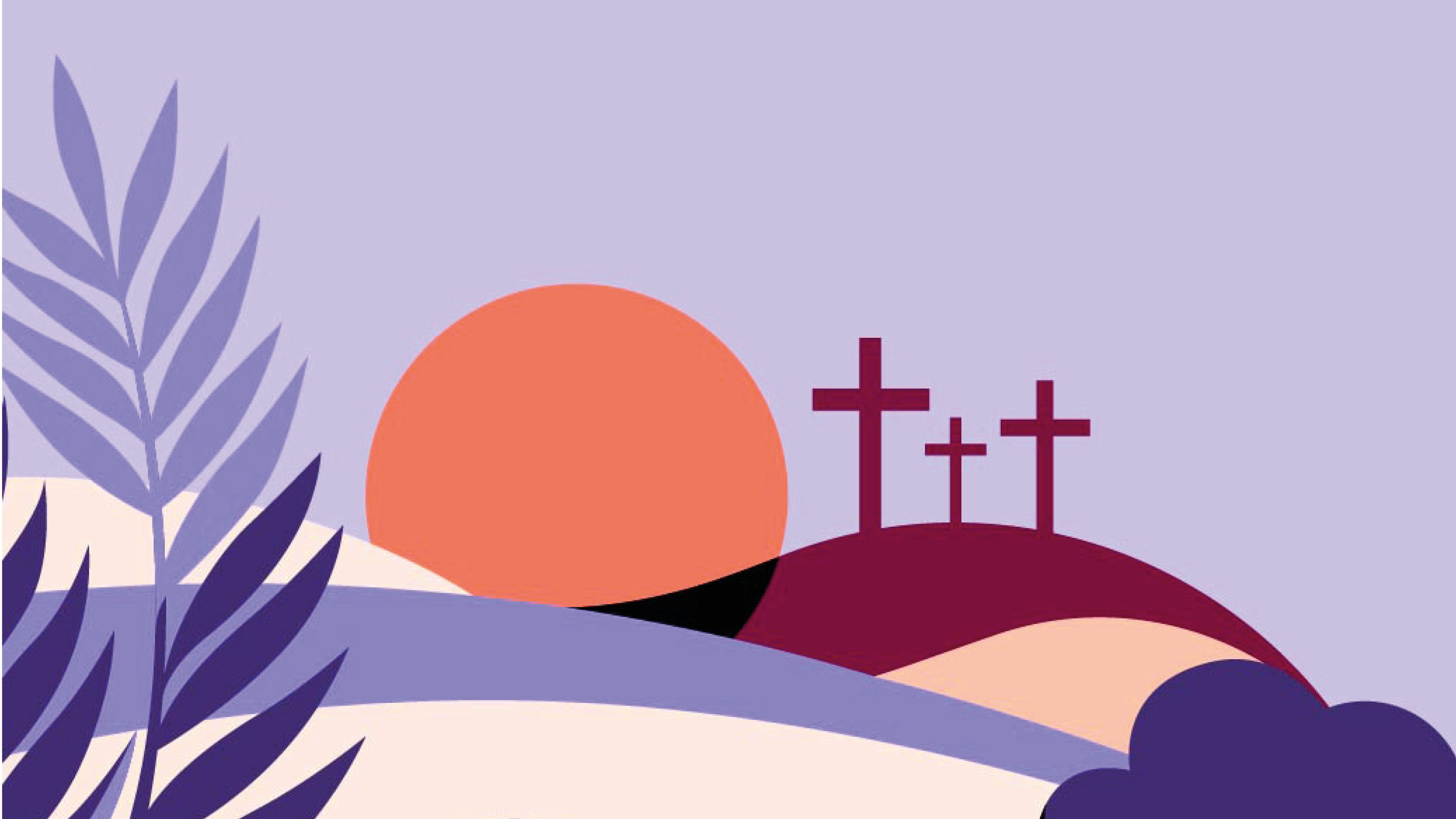 Illustration över påsken, 3 kors på en kulle, palmblad, en sol som går upp.