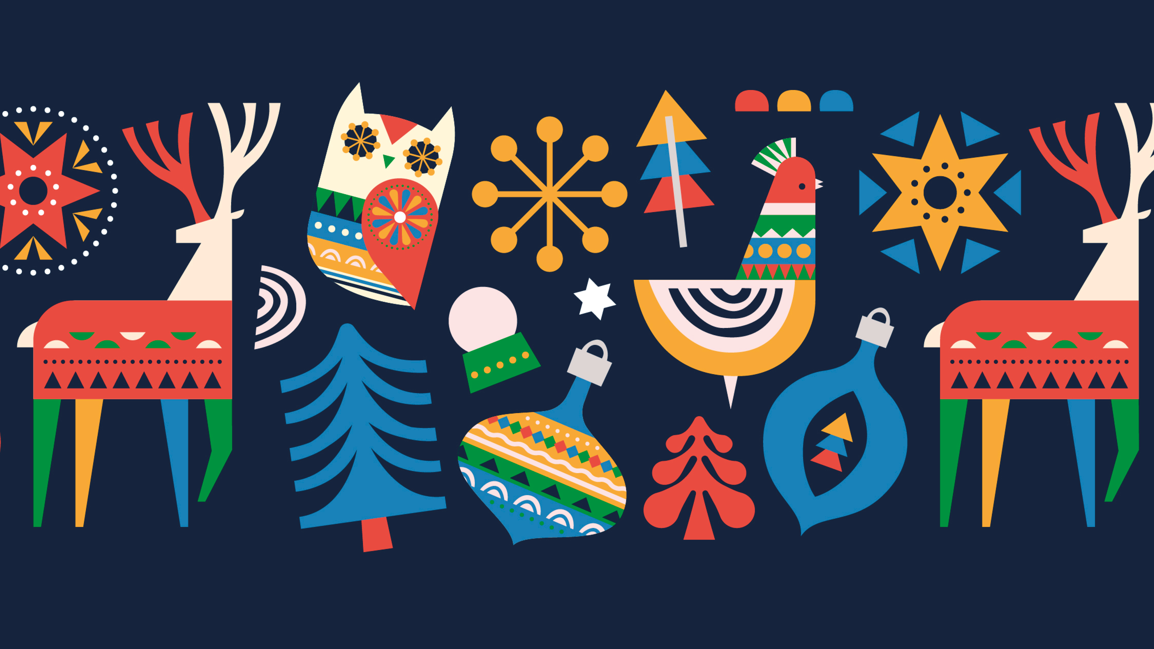 Illustrationer av olika julmotiv i folklorestil mot en blå bakgrund