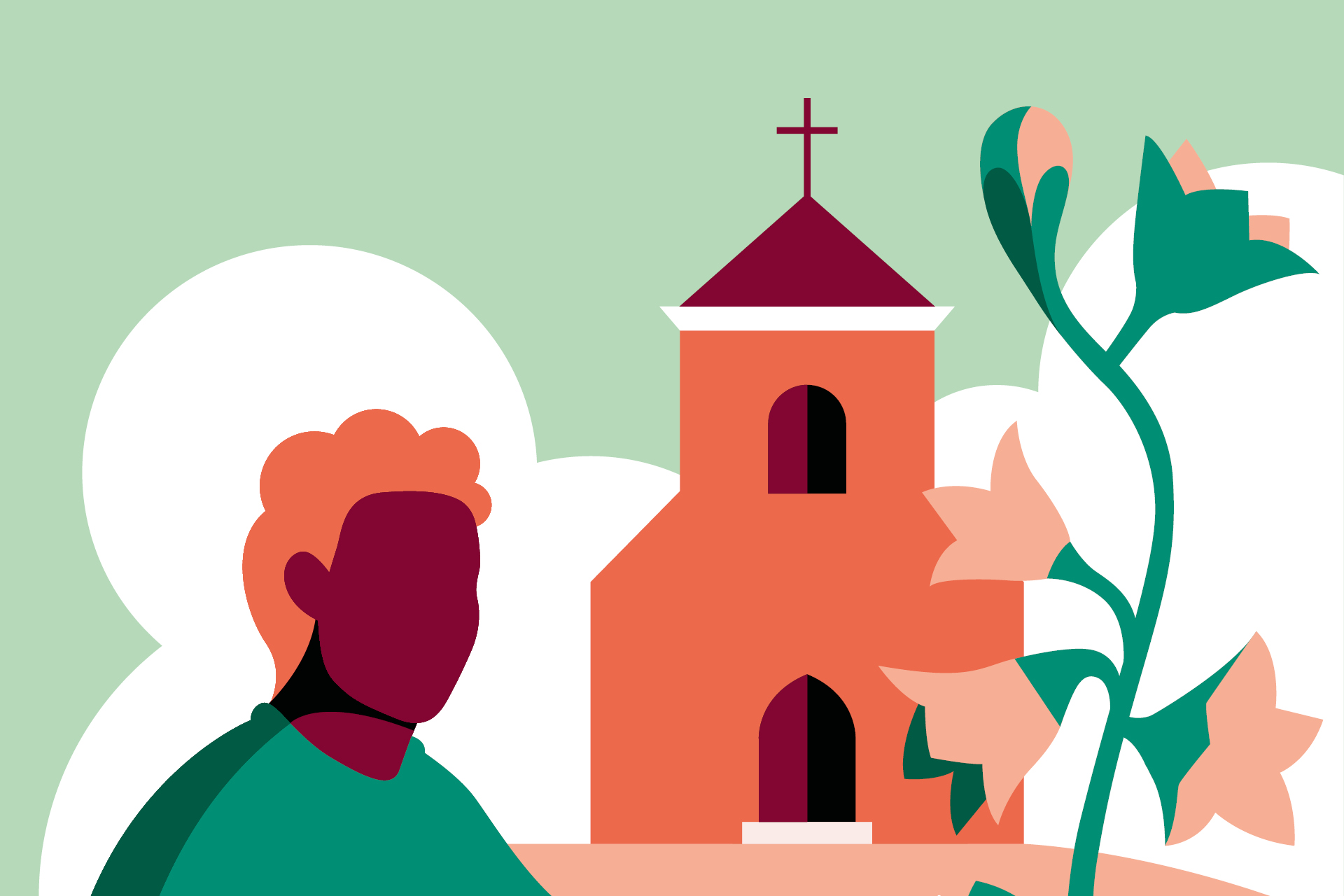 Illustration av en person vid en kyrka där det blommar.