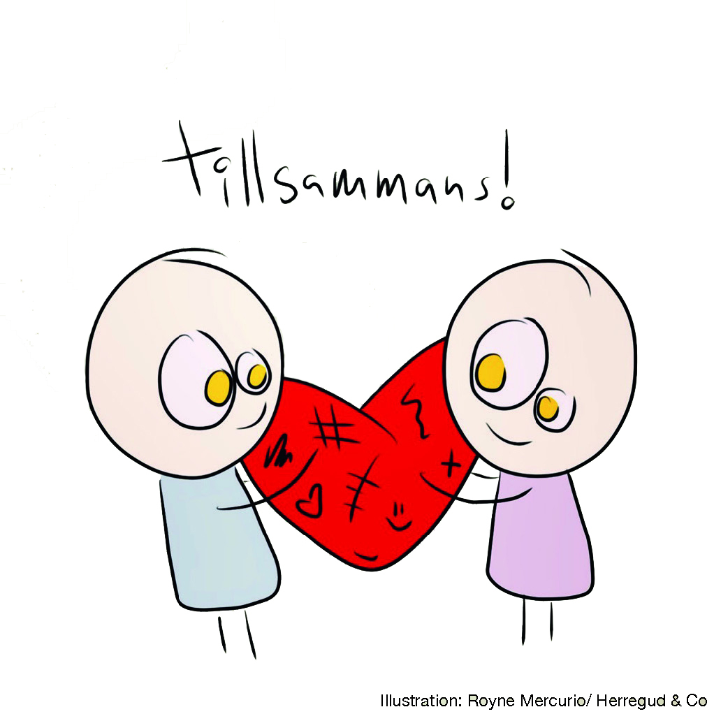Herregud & Co: Två ritade personer står och håller ett hjärta mellan aig.