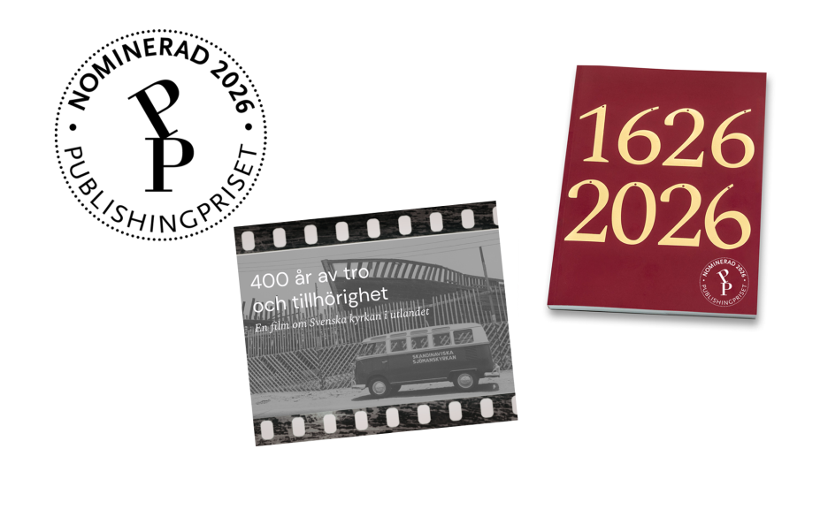 Kollage med ikonen för nominering av Publishingpriset 2026 samt bilder på framsida av jubileumsskriften och filmen 400år