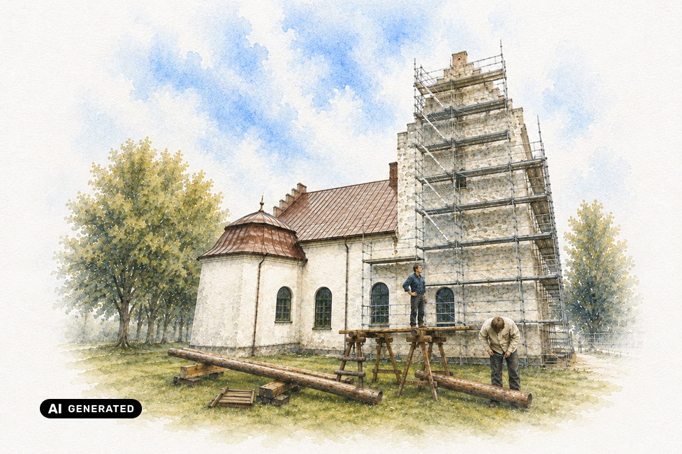En vit kyrka med tegeltak. En byggnadsställning är rest mot kyrktornet. Två timmermän arbetar. På marken ligger timmer.