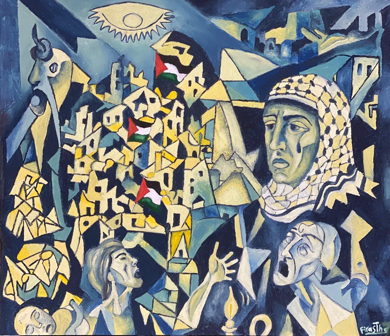 Bilden återger ett konstverk som, inspirerat av Picassos formspråk i den kända målningen Guernica, skildrar det palestinska folkets lidanden i Gaza.