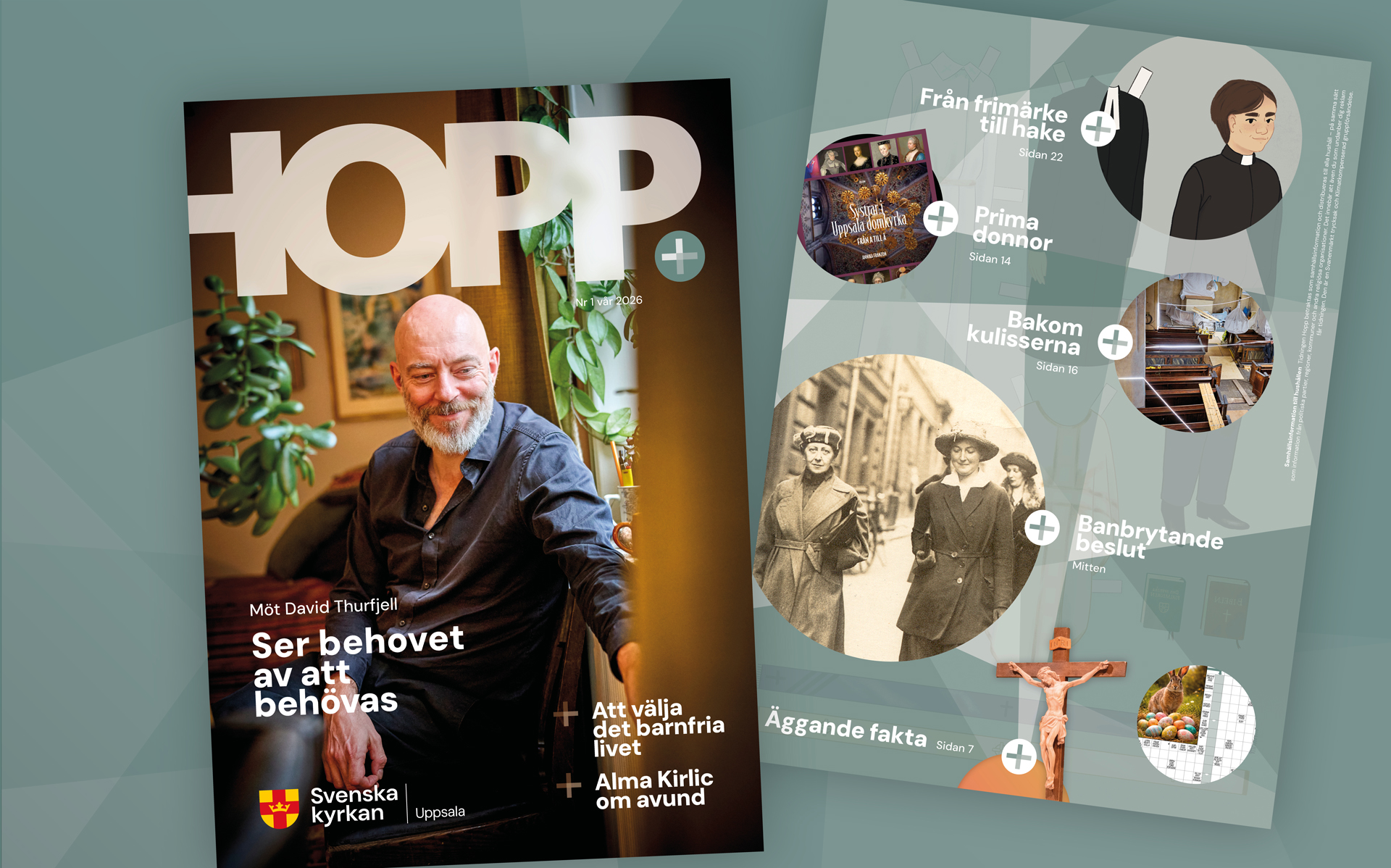 En tidnings omslag med både fram- och baksida samt rubriker som visar innehållet.