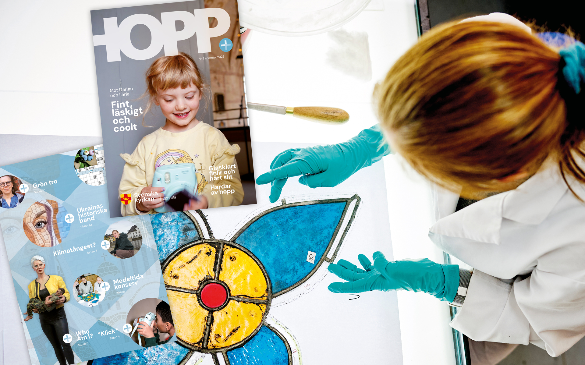 Omslagsbild för tidningen Hopp; ett barn med kamera i hand. Stor bild på kvinna som arbetar i glasmålningsateljé.