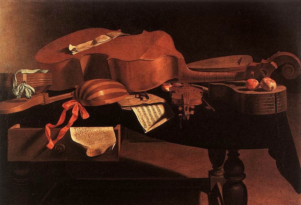 En renässansmålning föreställande barockinstrument.