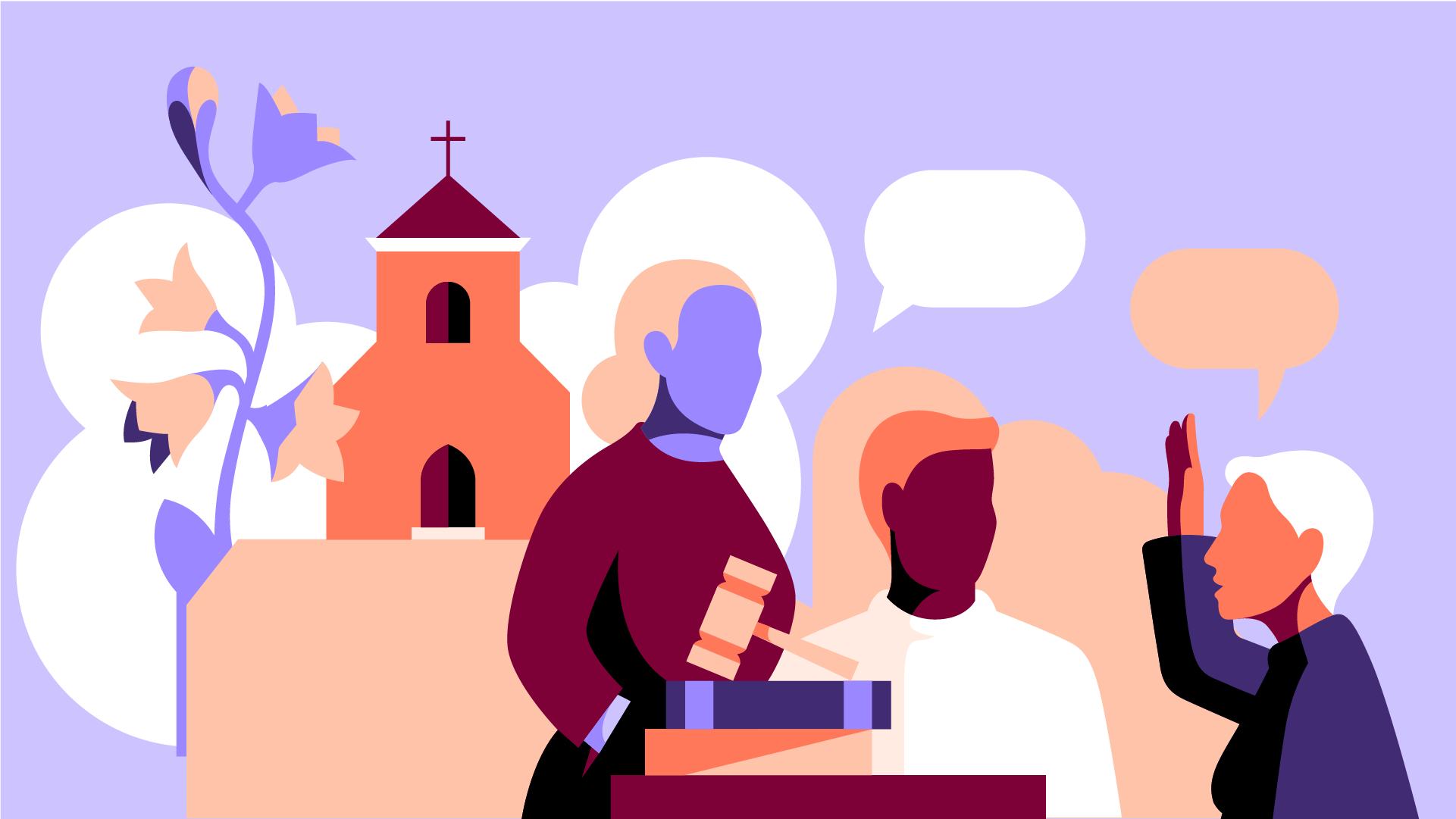 Illustration av person som diskuterar framför en kyrka. 