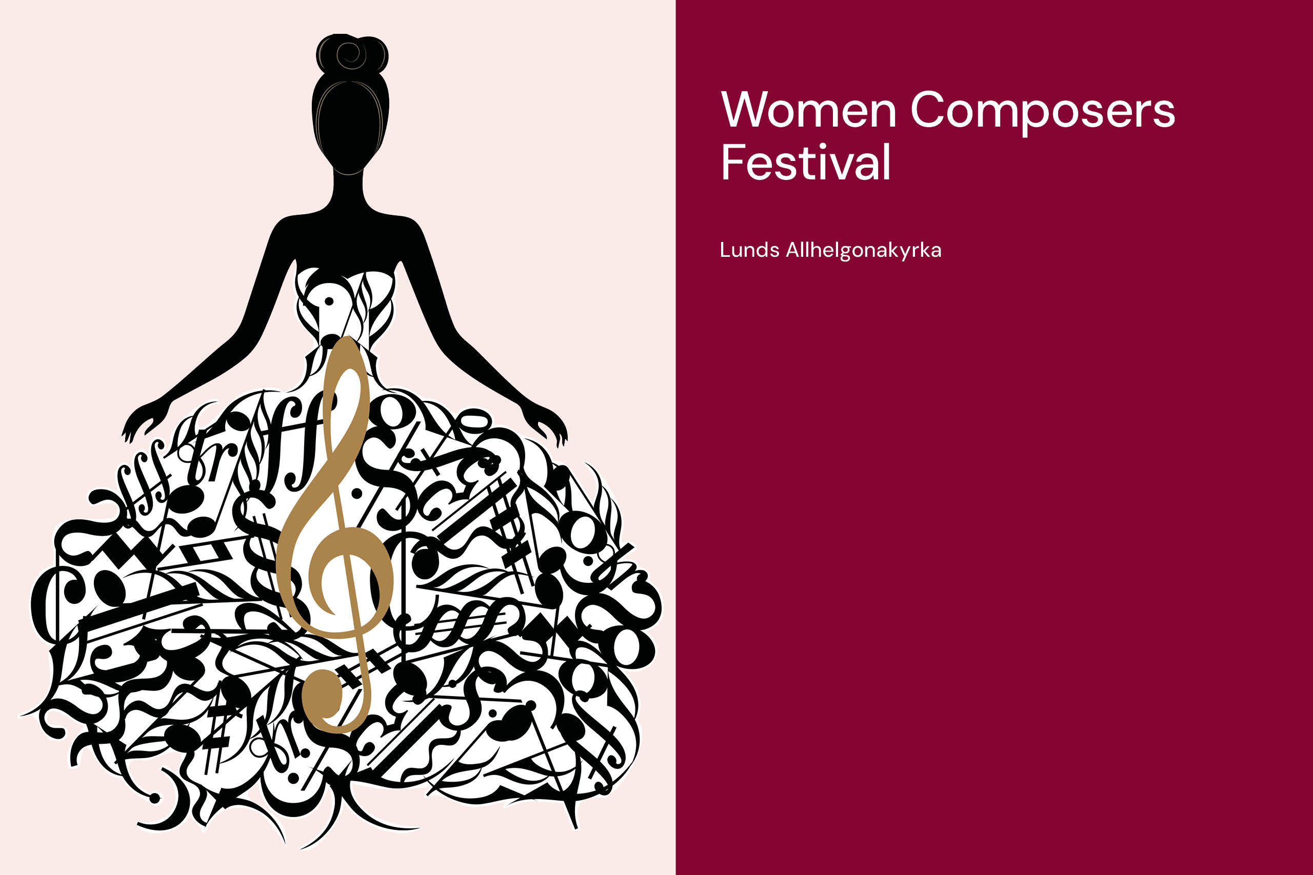 En siluette av en kvinna vars kjol är gjort av en massa noter, klavar, etc.