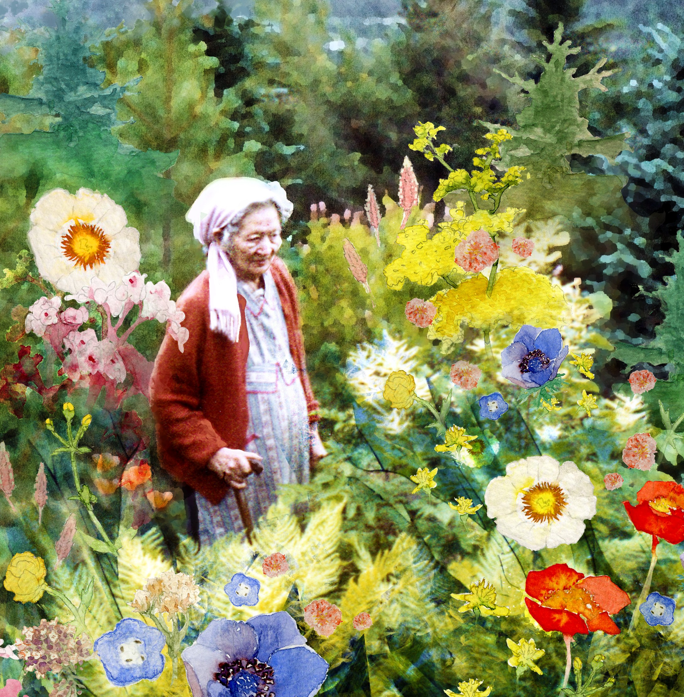 Tecknad bild Blomsterlotta i trädgård