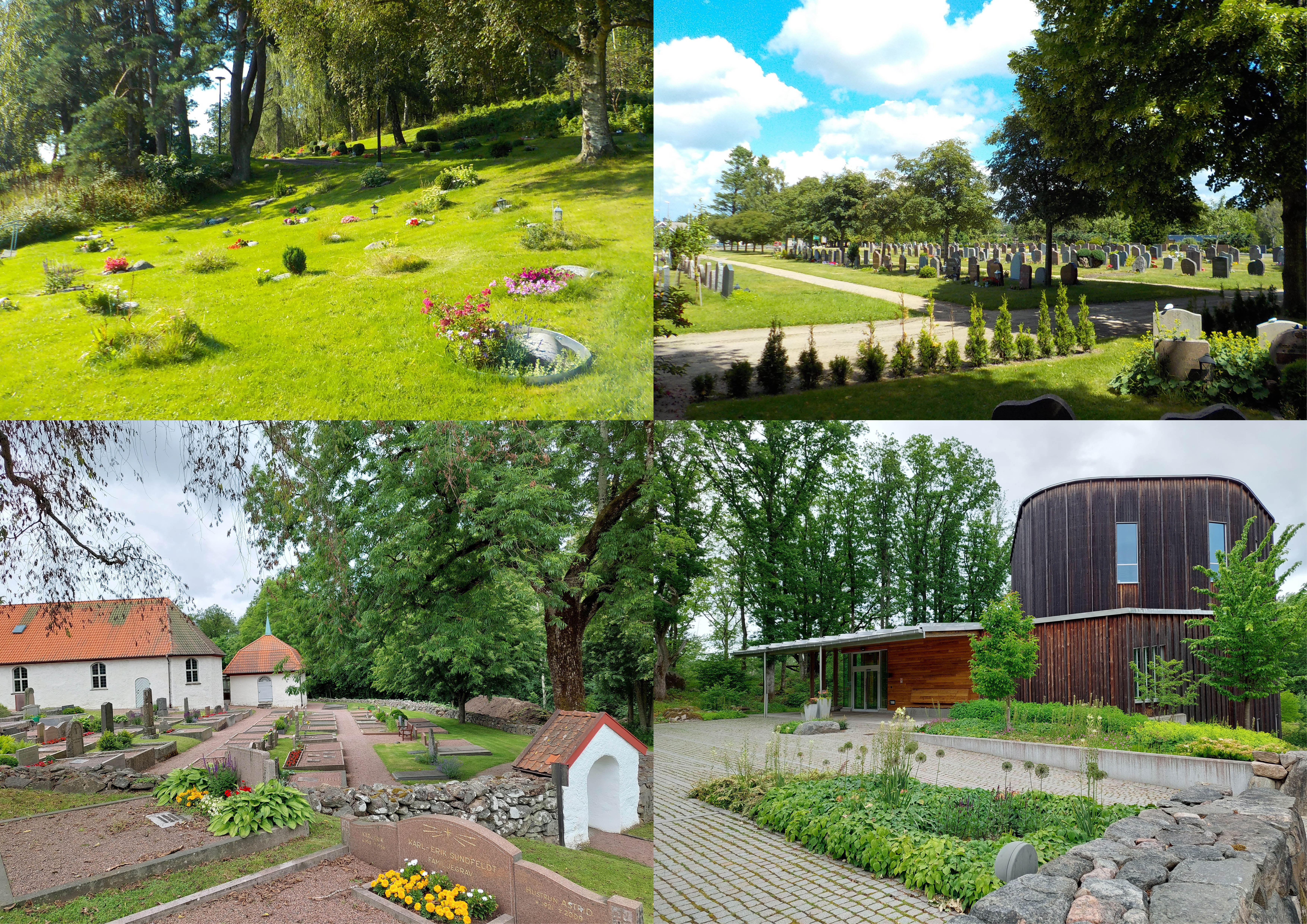 Collage av fyra bilder på Mölndals kyrkogårdar.
