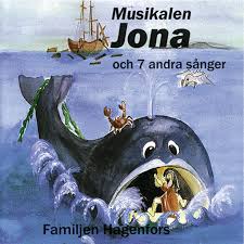 En tecknad bild på en stor valfisk med Jona i munnen.