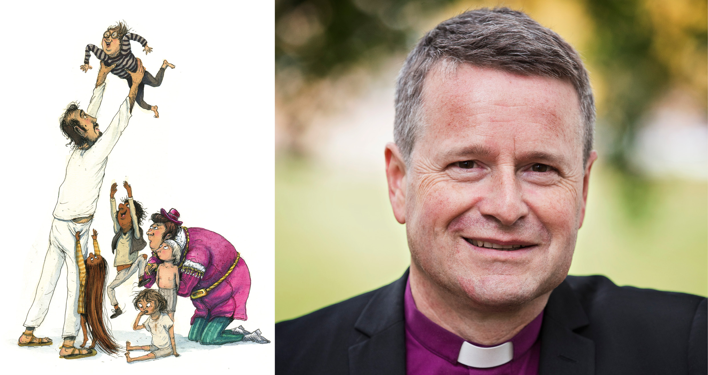 Illustration ur Barnens Bästa Bibel där Jesus leker med barn. Och en bild på biskop Sören, man ca 50 år med biskopsskjorta, prästkrage och svart kostym. Han ler och har kort grått hår.
