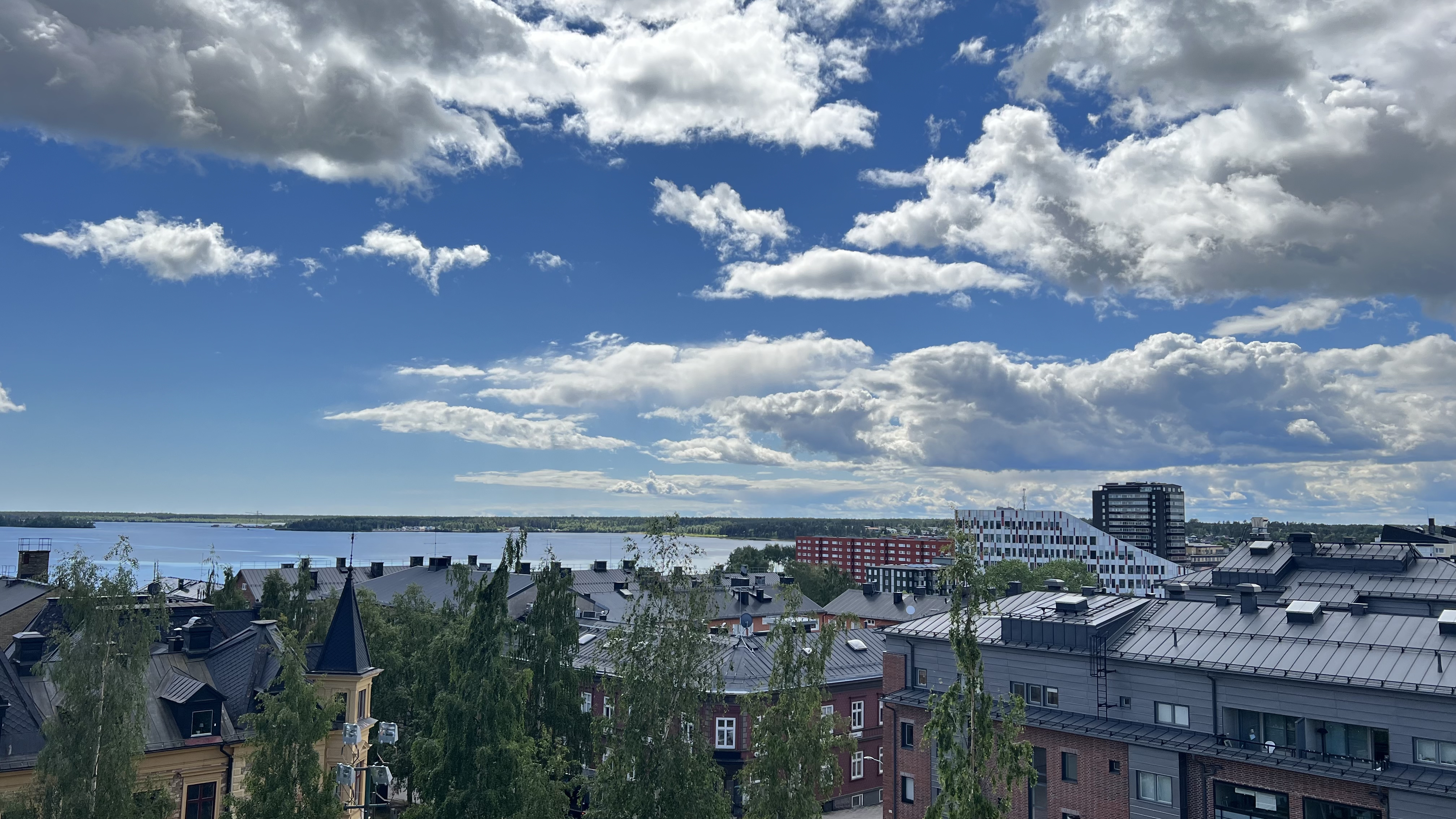 Utsikt från Luleå domkyrka. Hustak och vatten syns vid horisonten