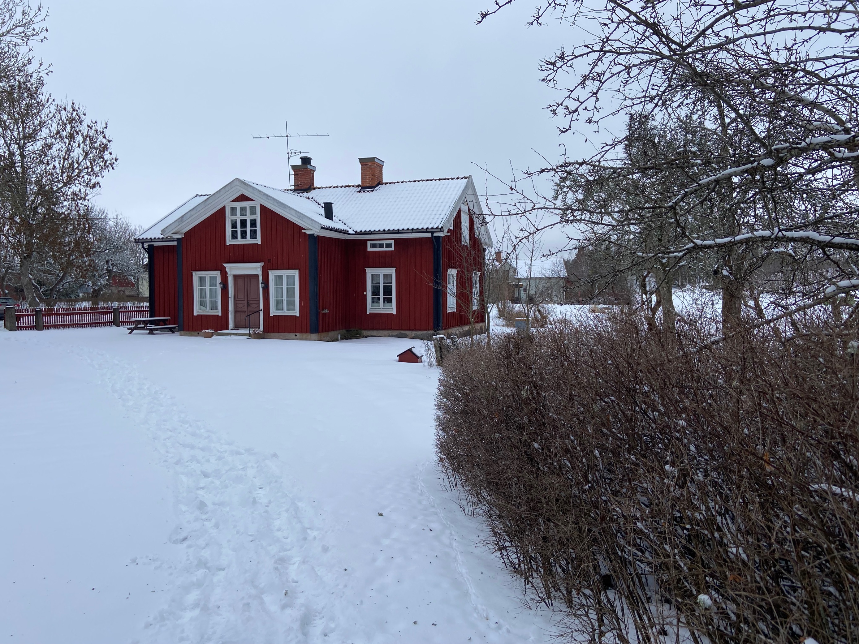 Ett rött hus omgivet av snö. I förgrunden syns en vinterkal buske och ett träd.