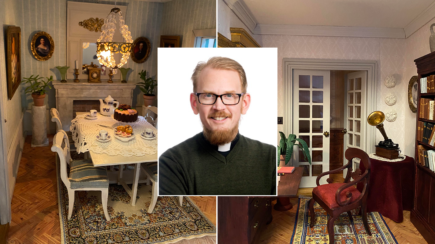 Bilden visar Erik Linstrand som ställer ut miniatyrer på Solliden.