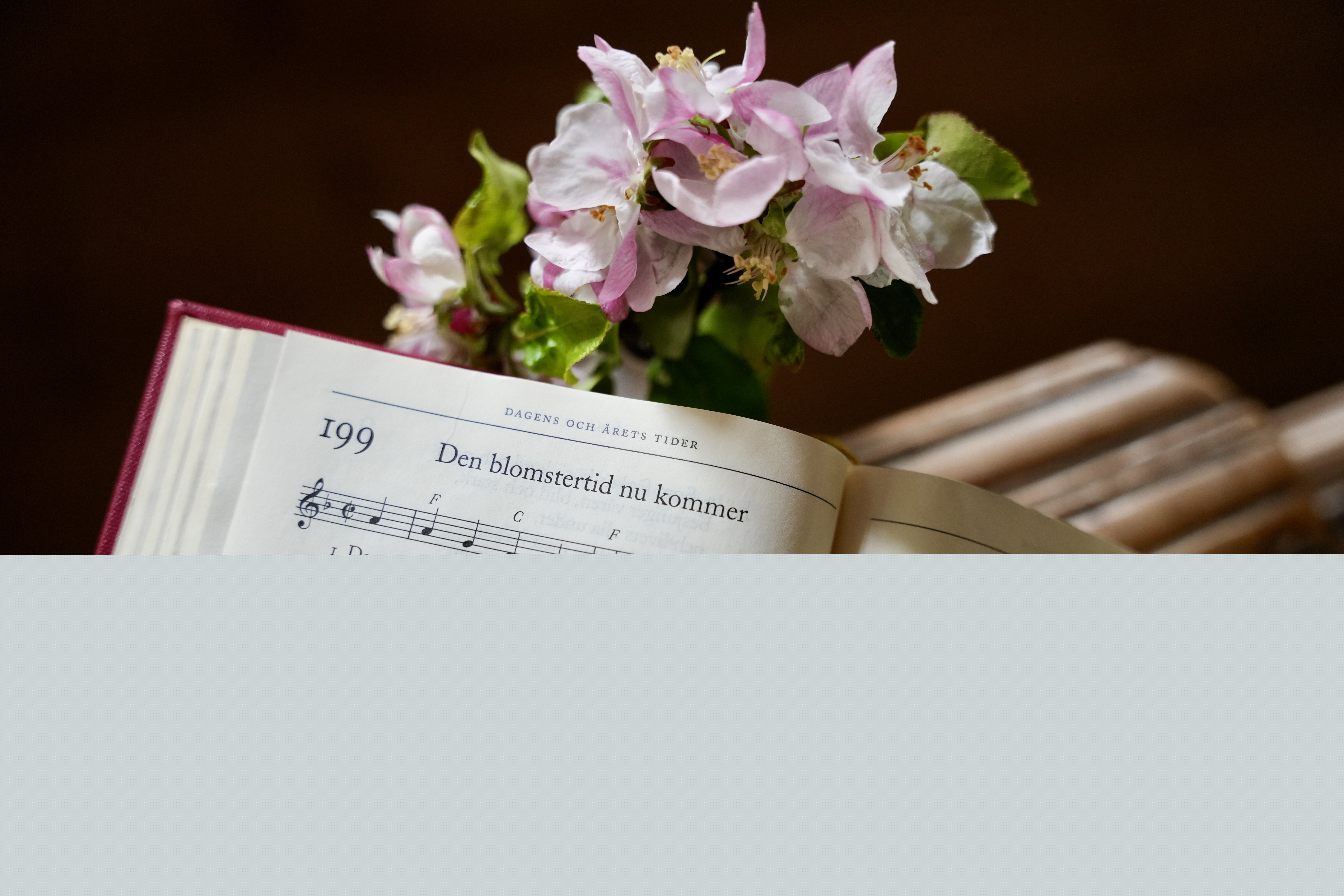 Uppslagen psalmbok med text och musik till psalmen "Den blomstertid nu kommer"