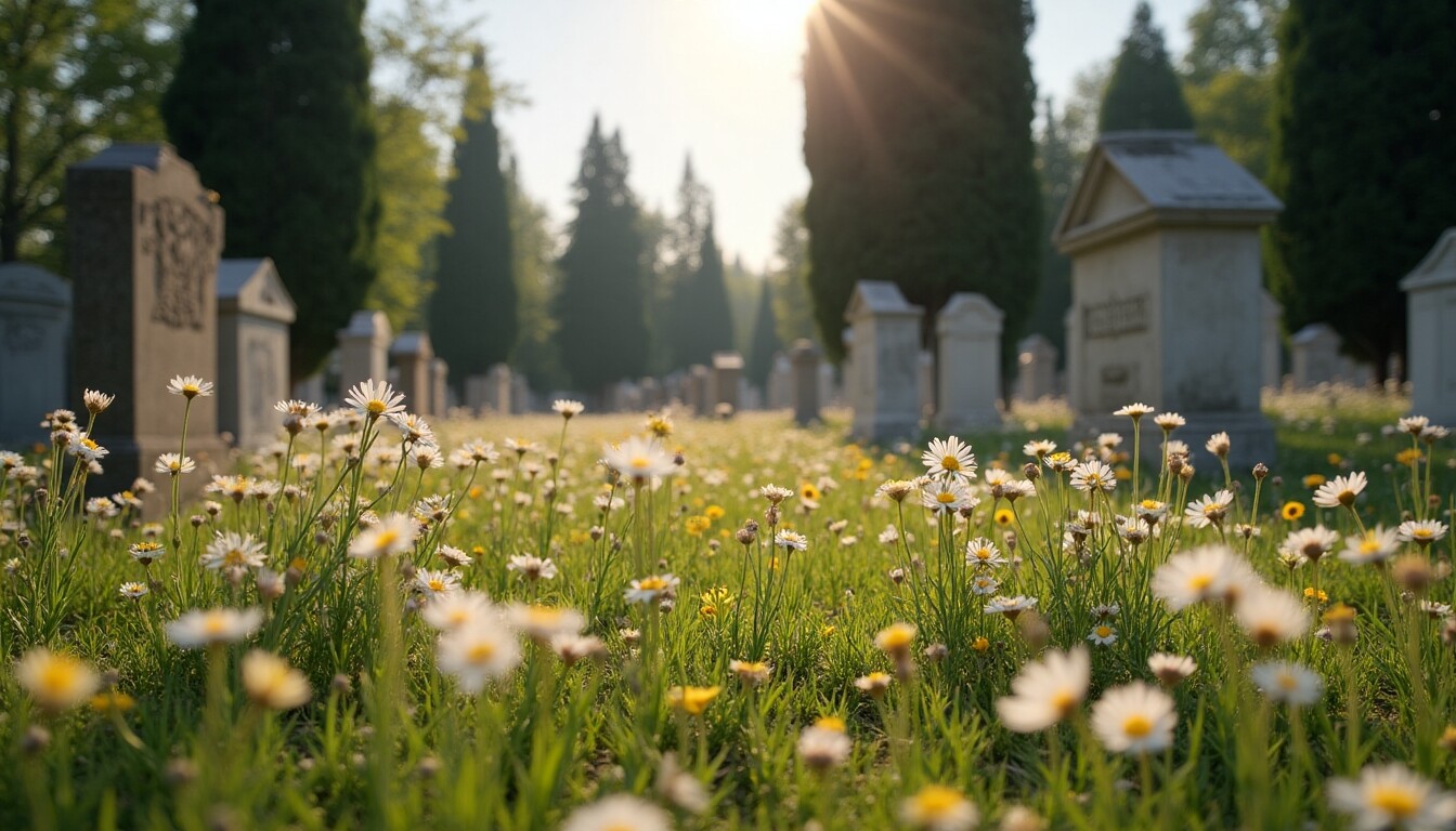 Gravstenar på kyrkogård med blommor i förgrunden