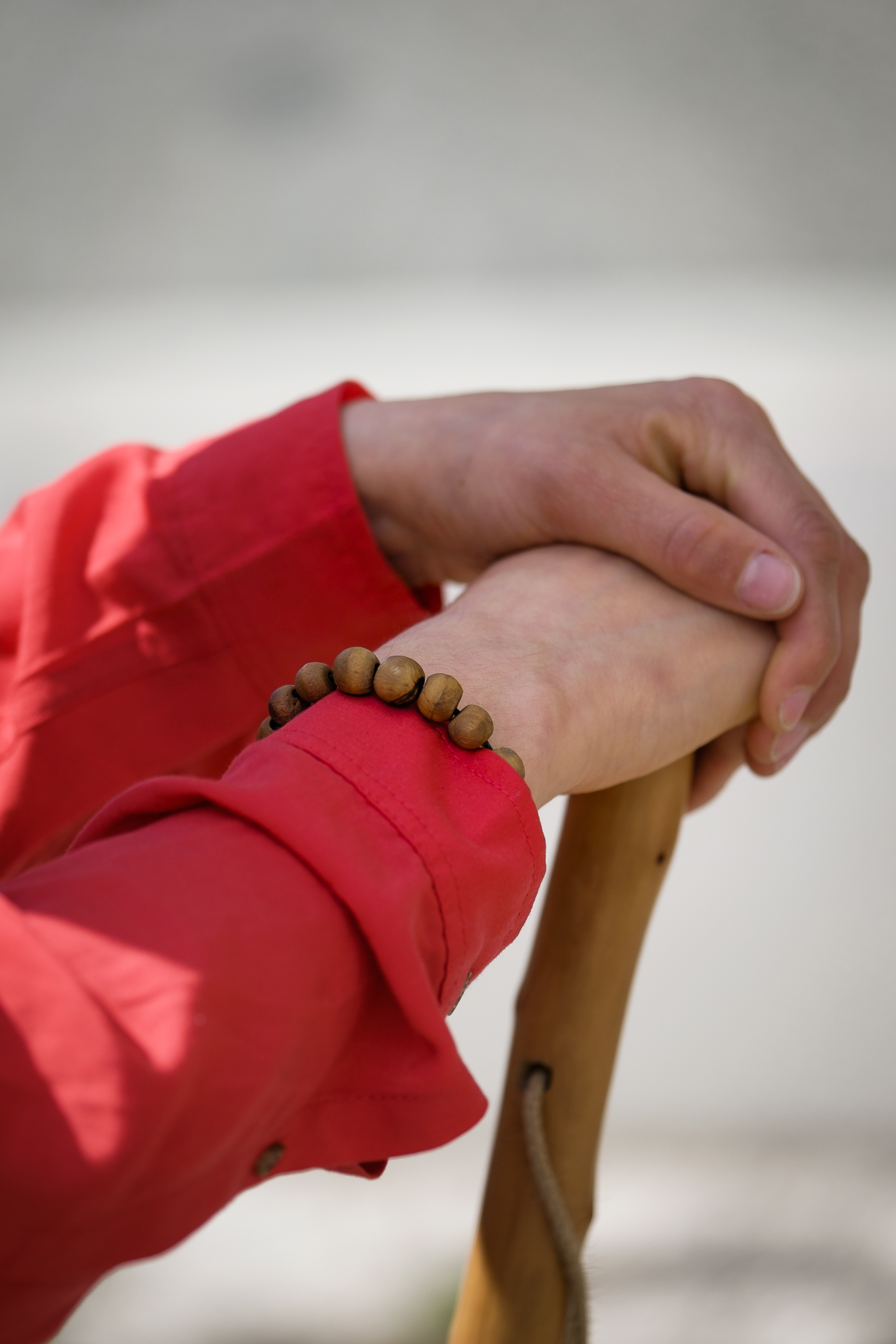 Någon vilar händerna på en käpp.