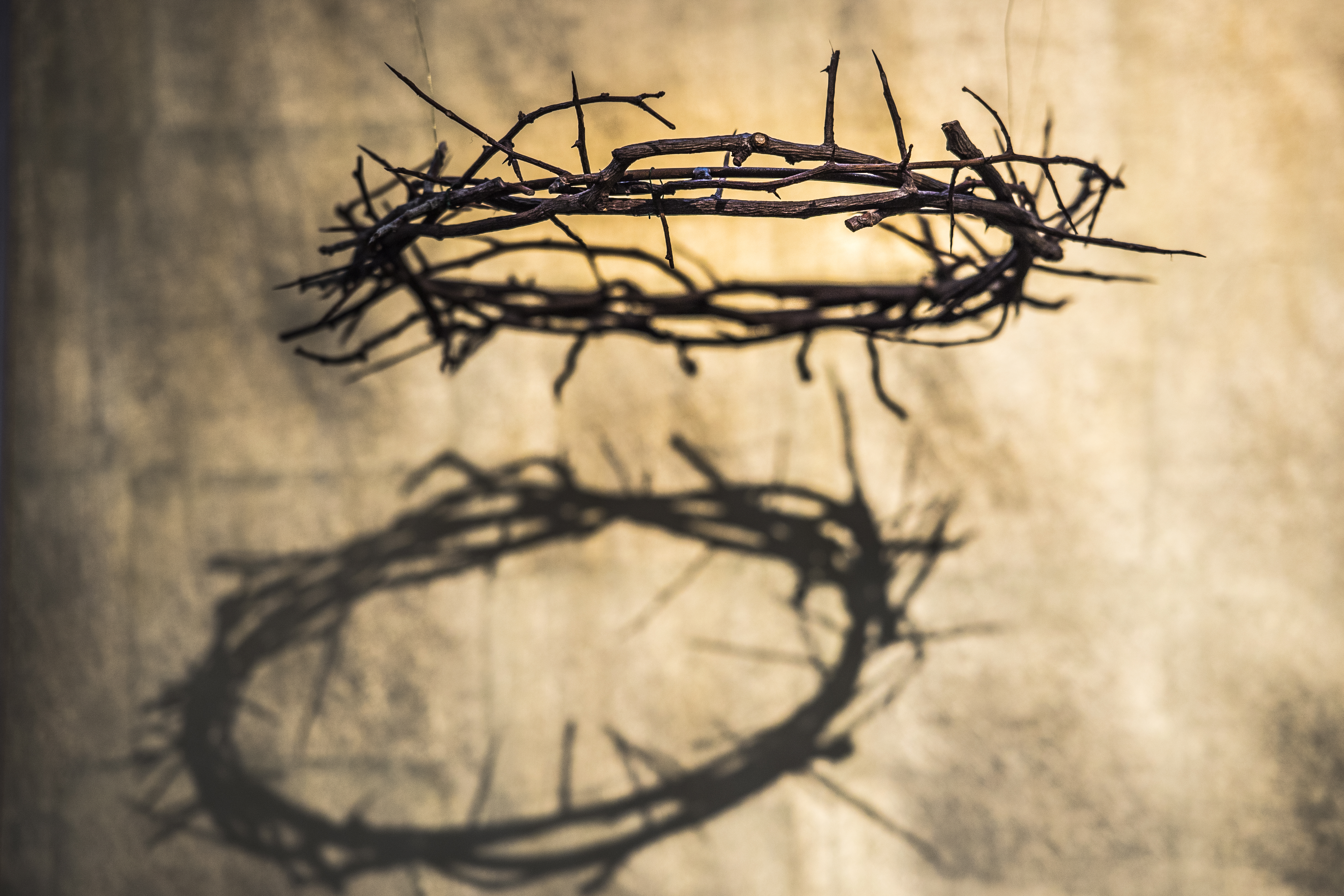 En törnekrona hänger i några trådar.