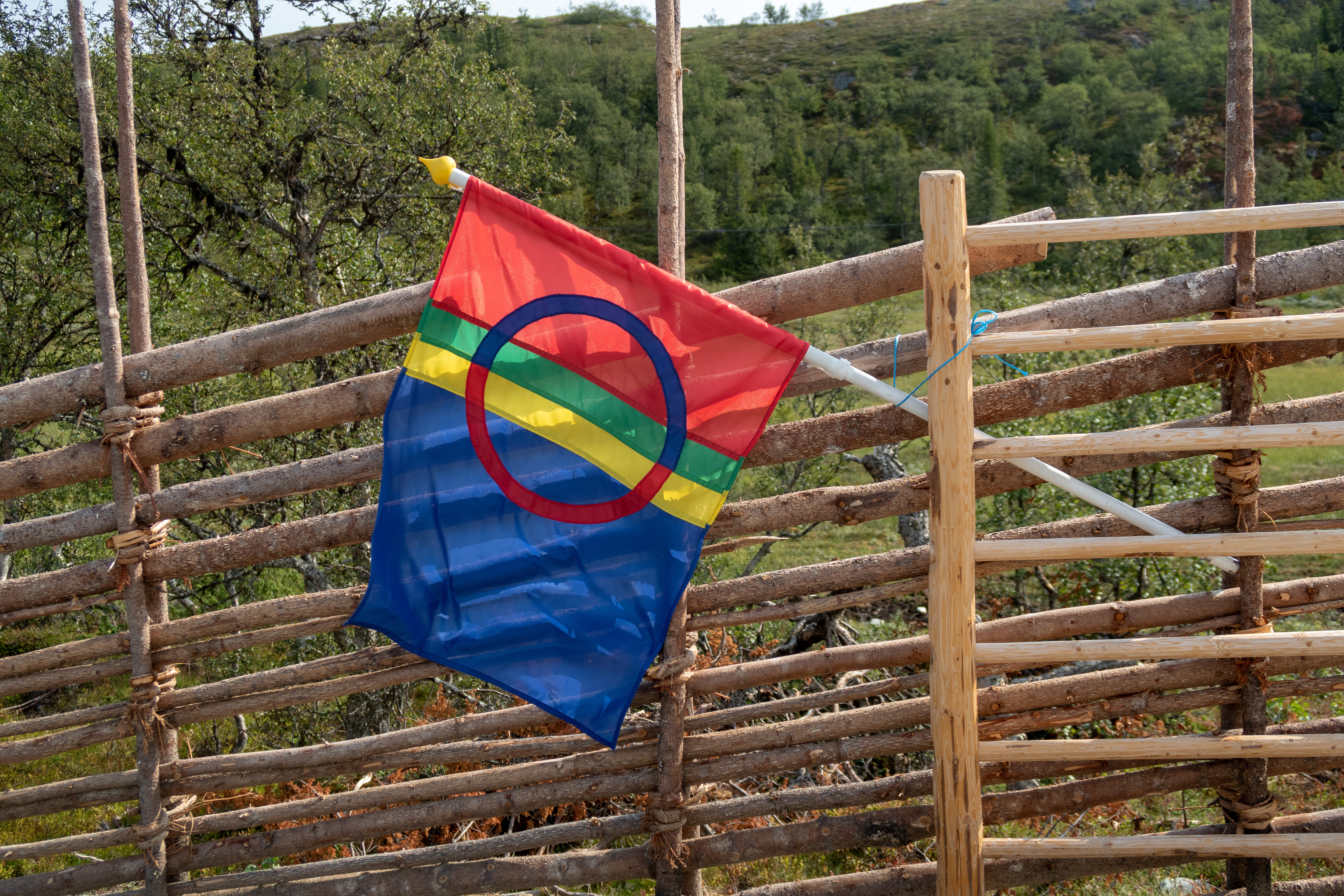 En samisk flagga sitter inkilad i ett staket.