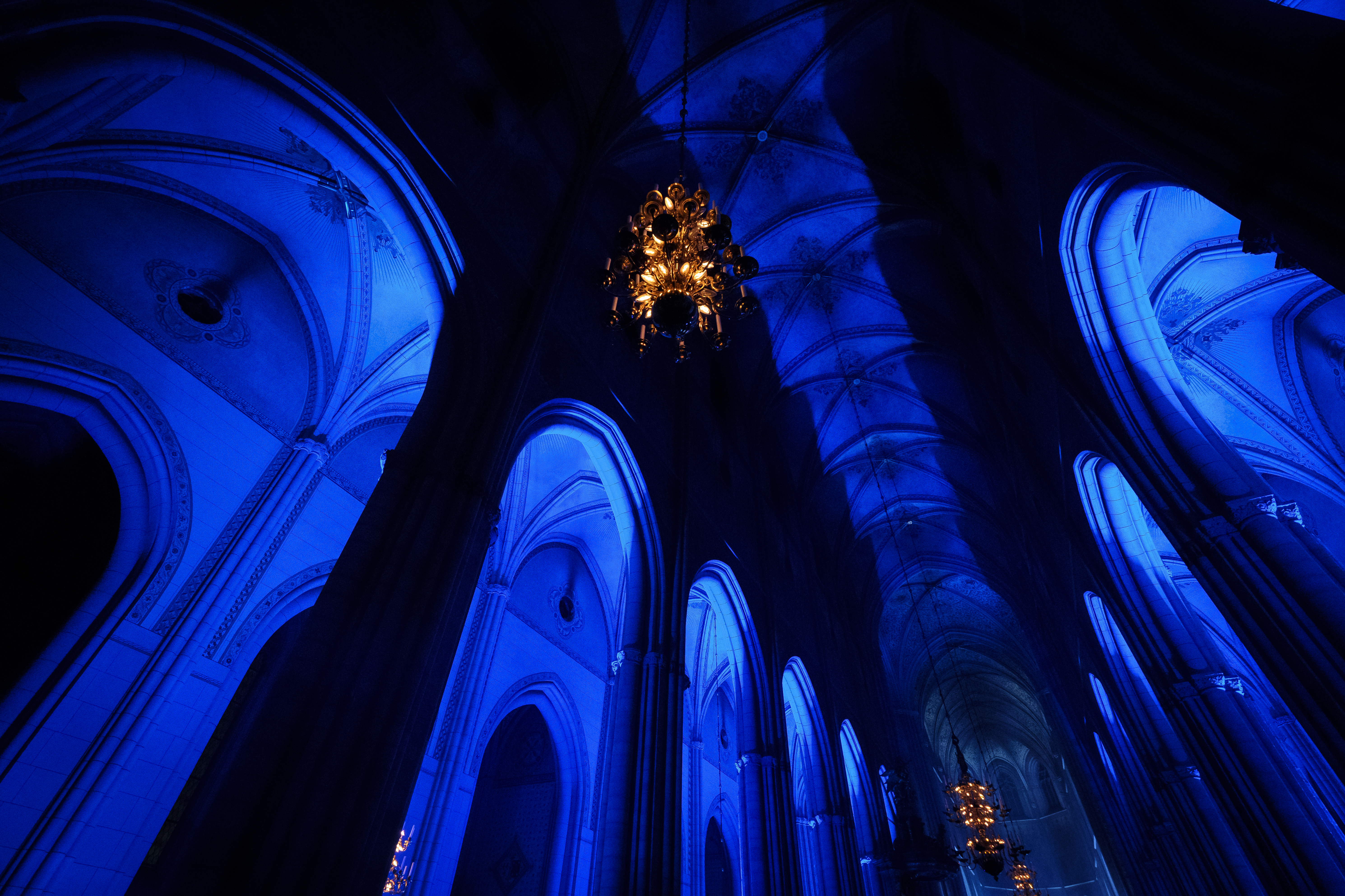 Blått ljus i taket och på väggarna i Uppsala domkyrka. Ljuskronor lyser svagt i taket.