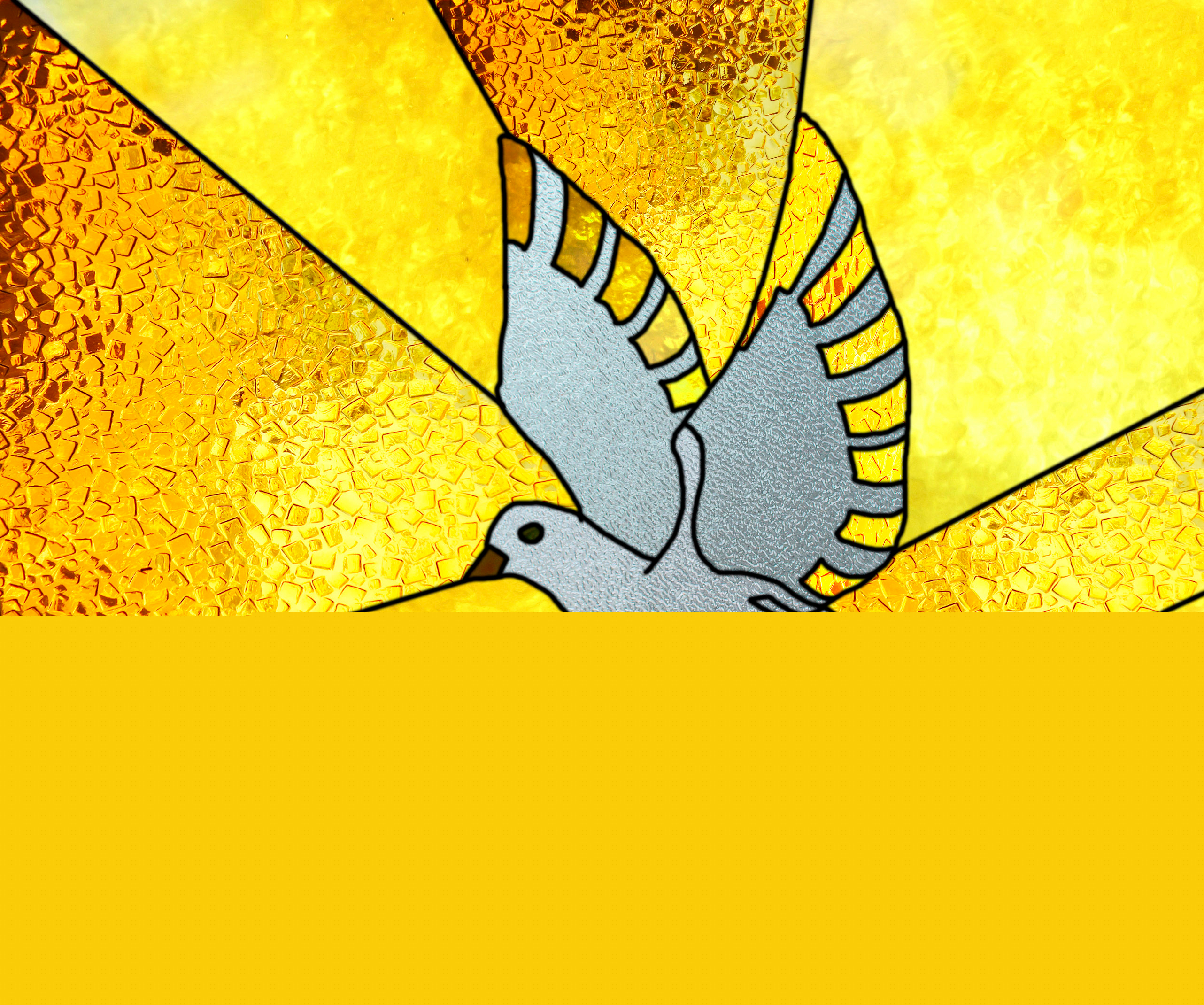 Fönsterglasmålning av en vit duva mot gul bakgrund.