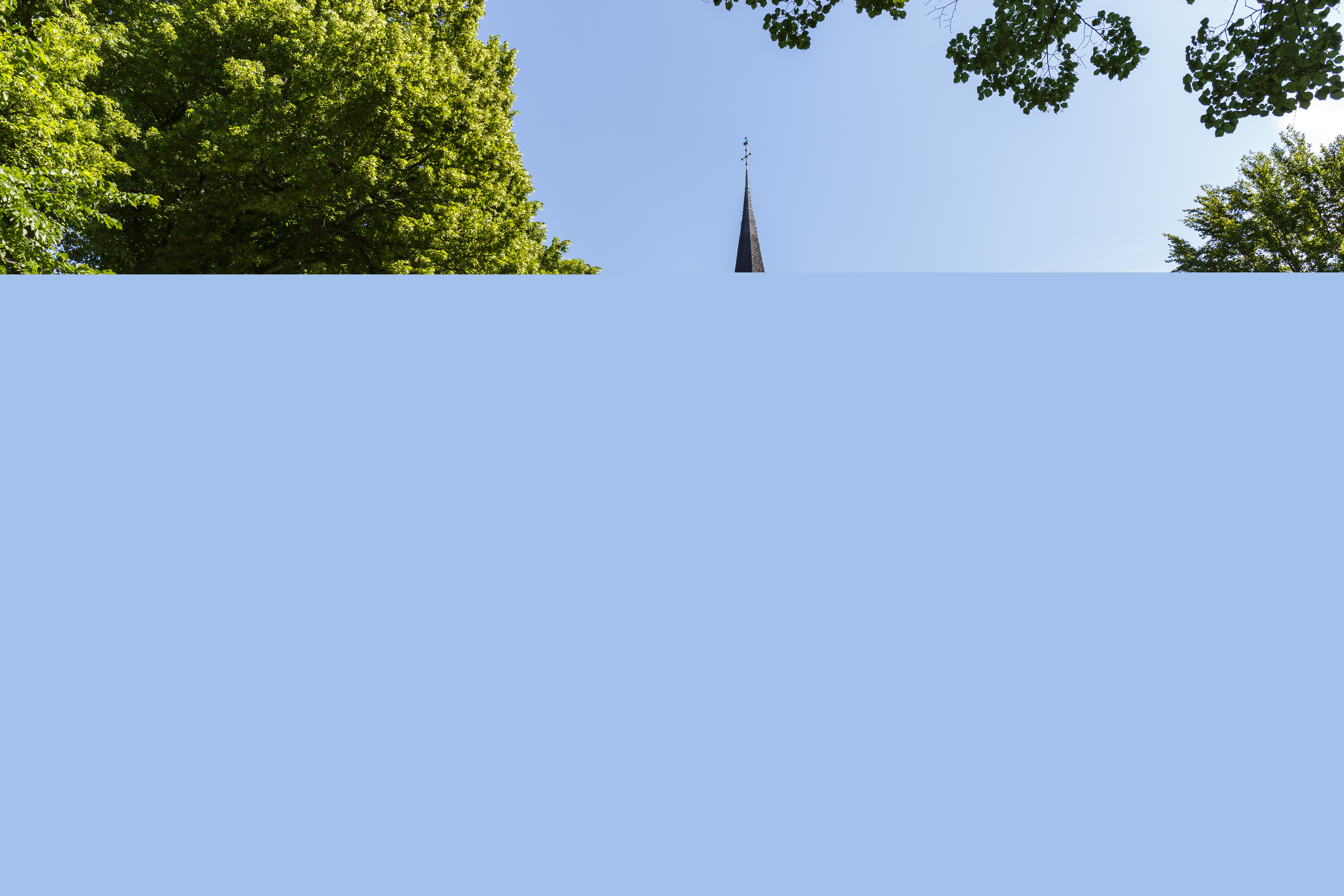 En kyrka i sommarsol. Grönskande träd runt om.