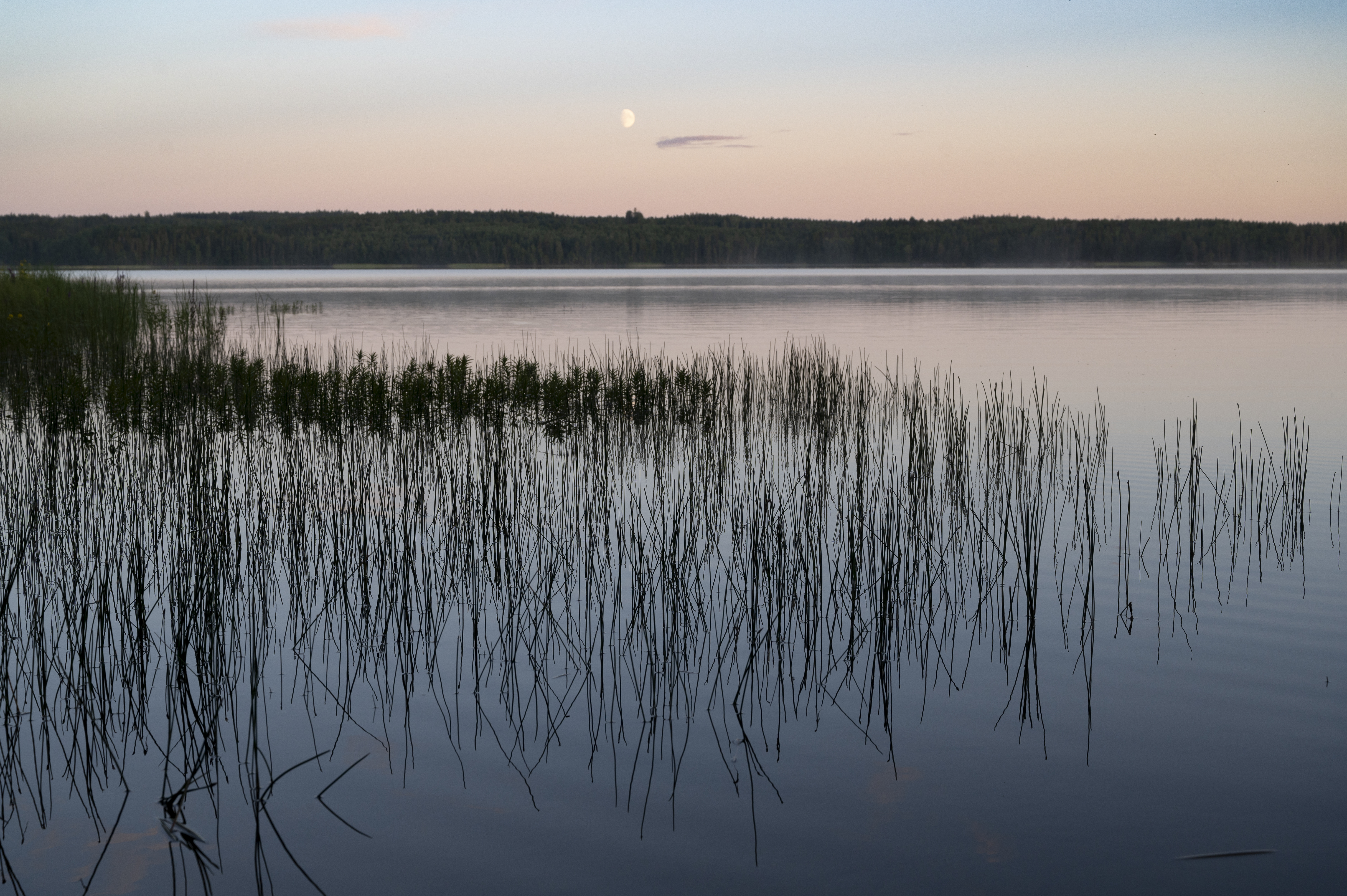 Solnedgång vid en sjö. En måne syns svagt i horisonten.