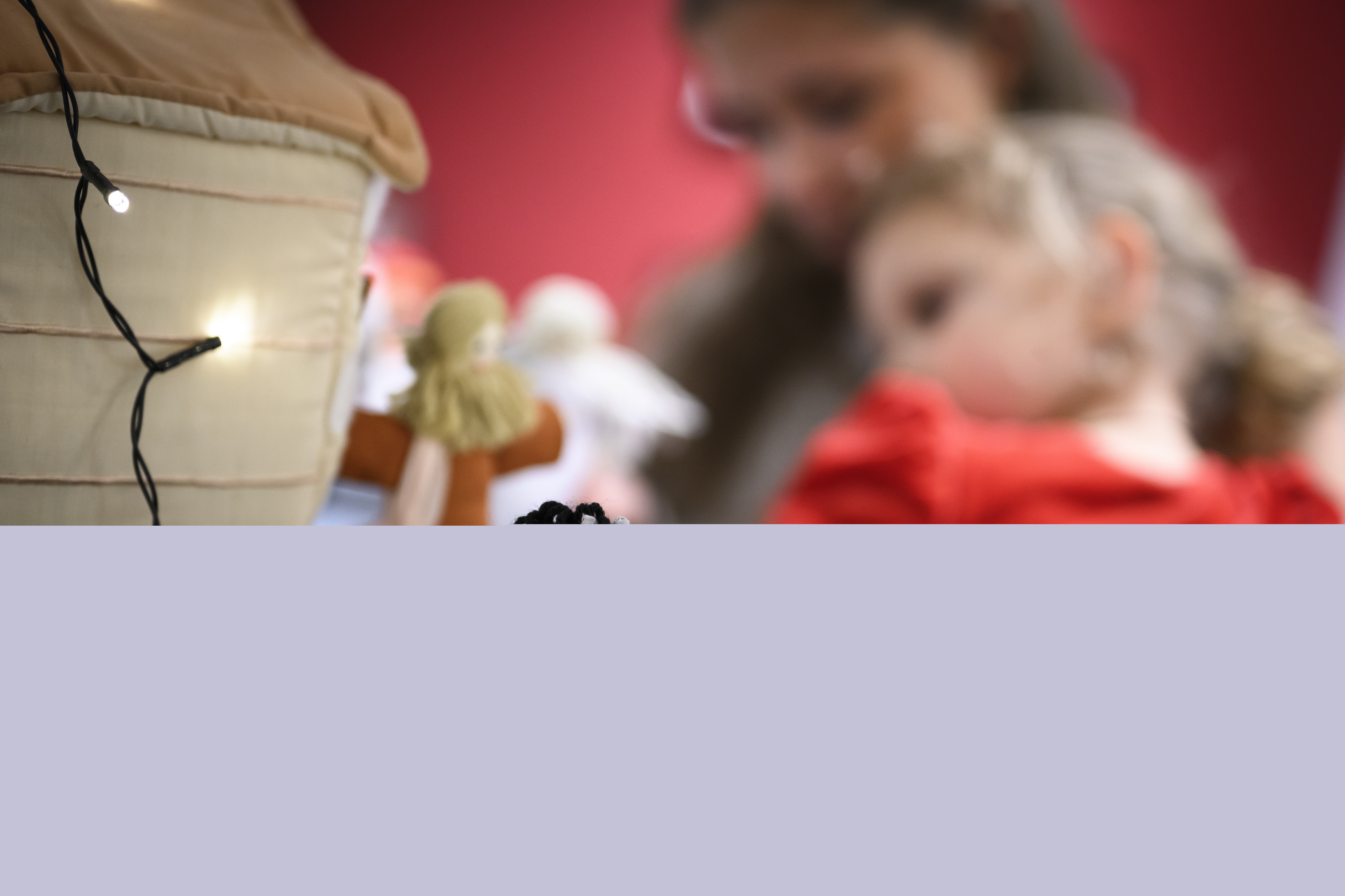 Närbild på en liten mjukisåsna. En ljusslinga hänger bakom åsnan. En kvinna sitter med ett barn i famnen i bakgrunden.