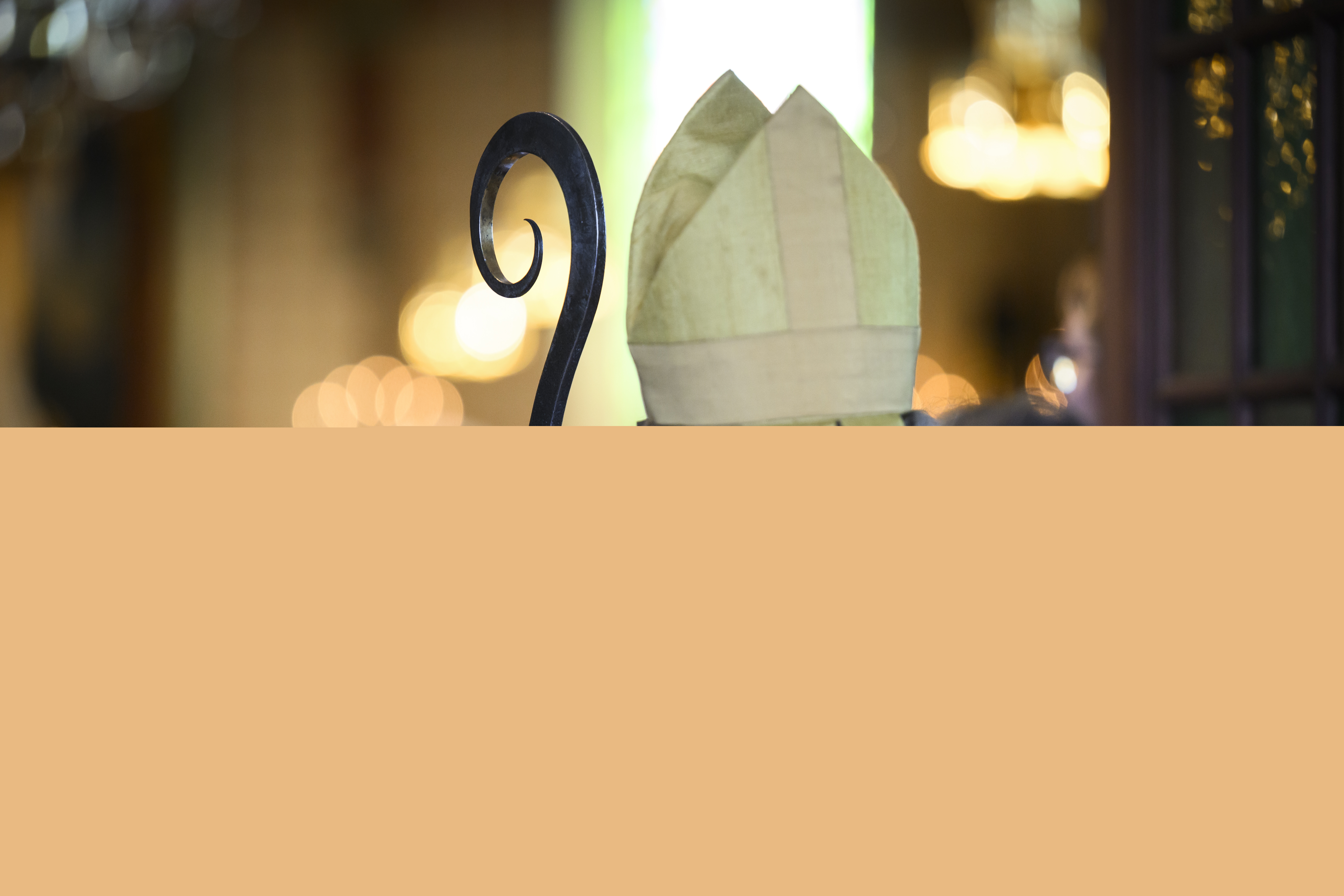 En biskop med ryggen mot kameran på väg in i en kyrka. Hen bär en guldfärgad mitra och håller en kräkla i handen.