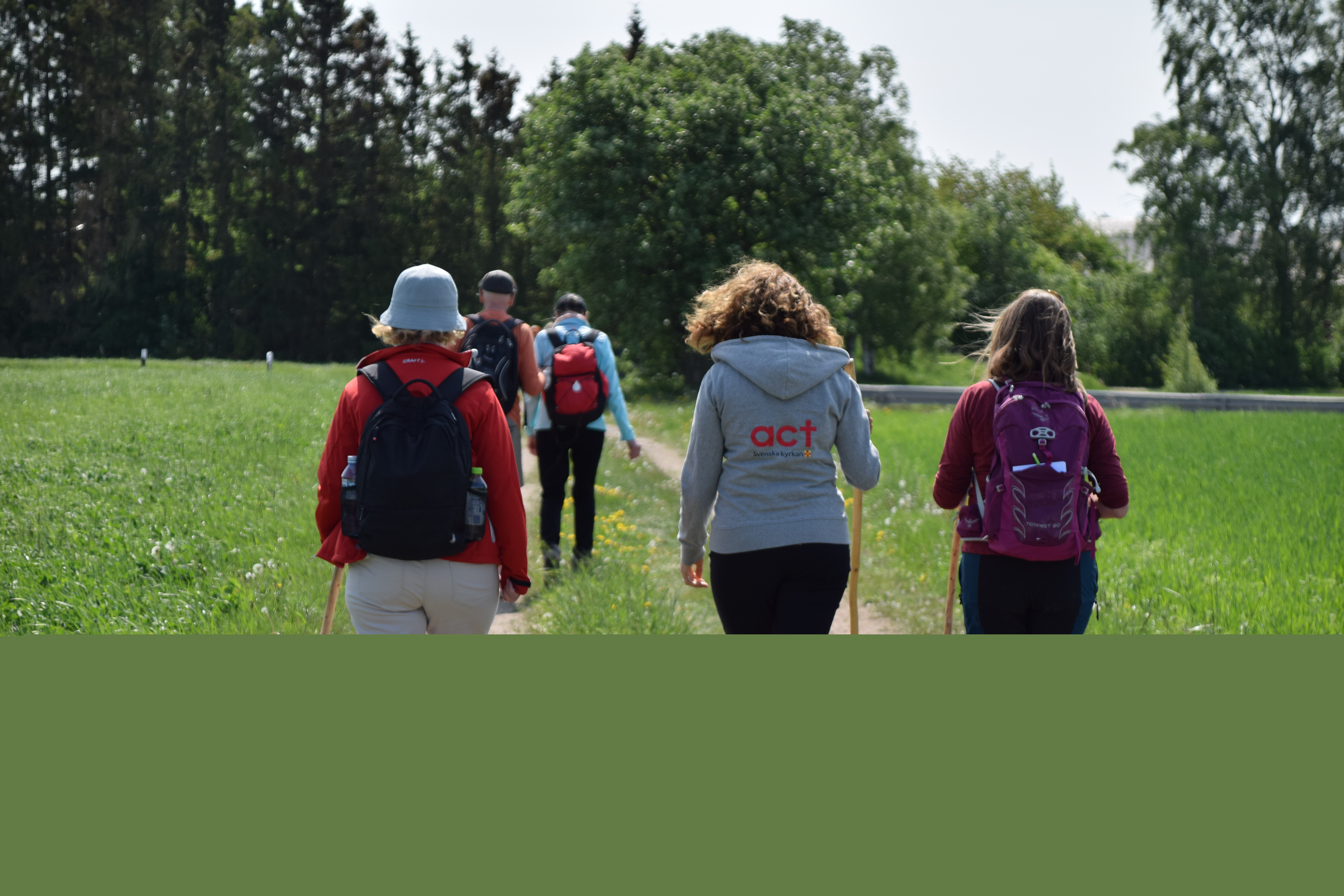 Fem personer vandrar längs en väg. Vi ser ryggarna på dem. Tre bär ryggsäck. 